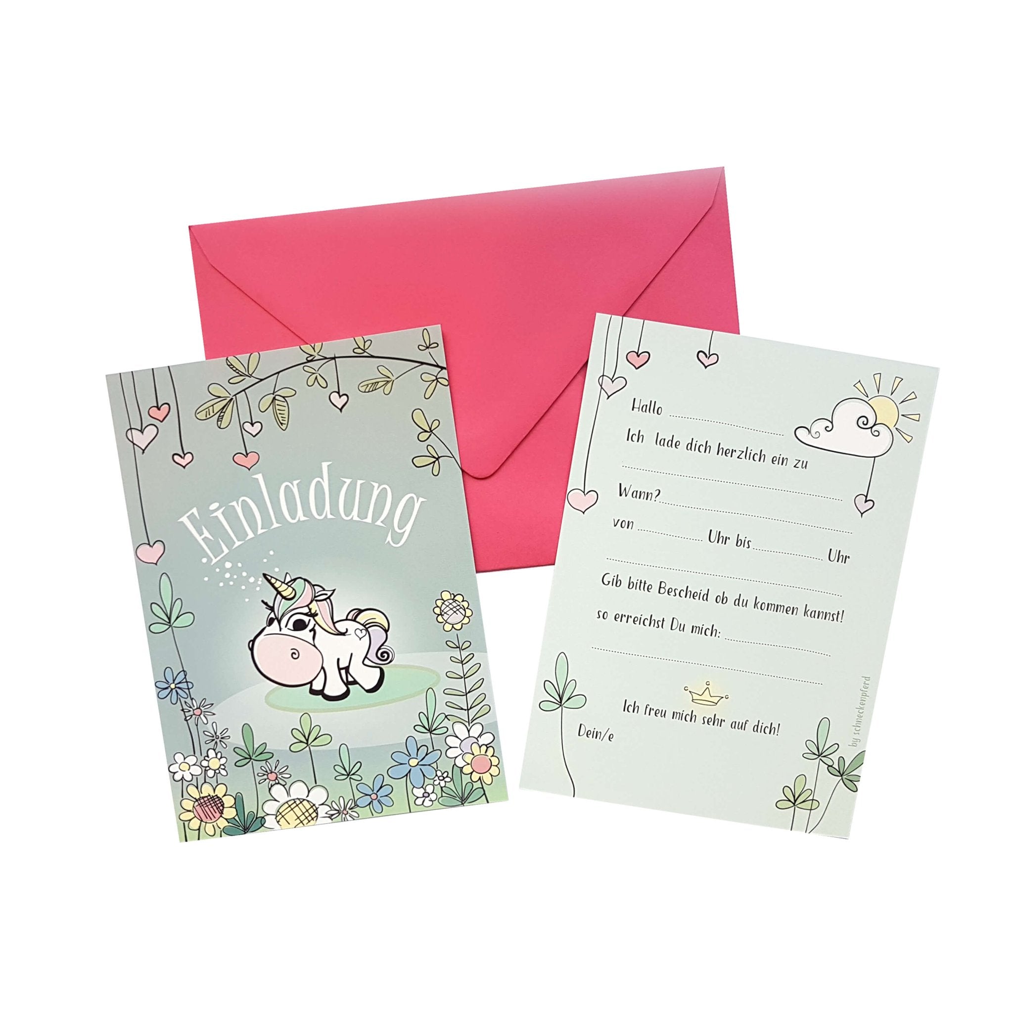 6 Einladungen "Einhorn" mit rosa Umschlägen Jeka - malmichmunt.com