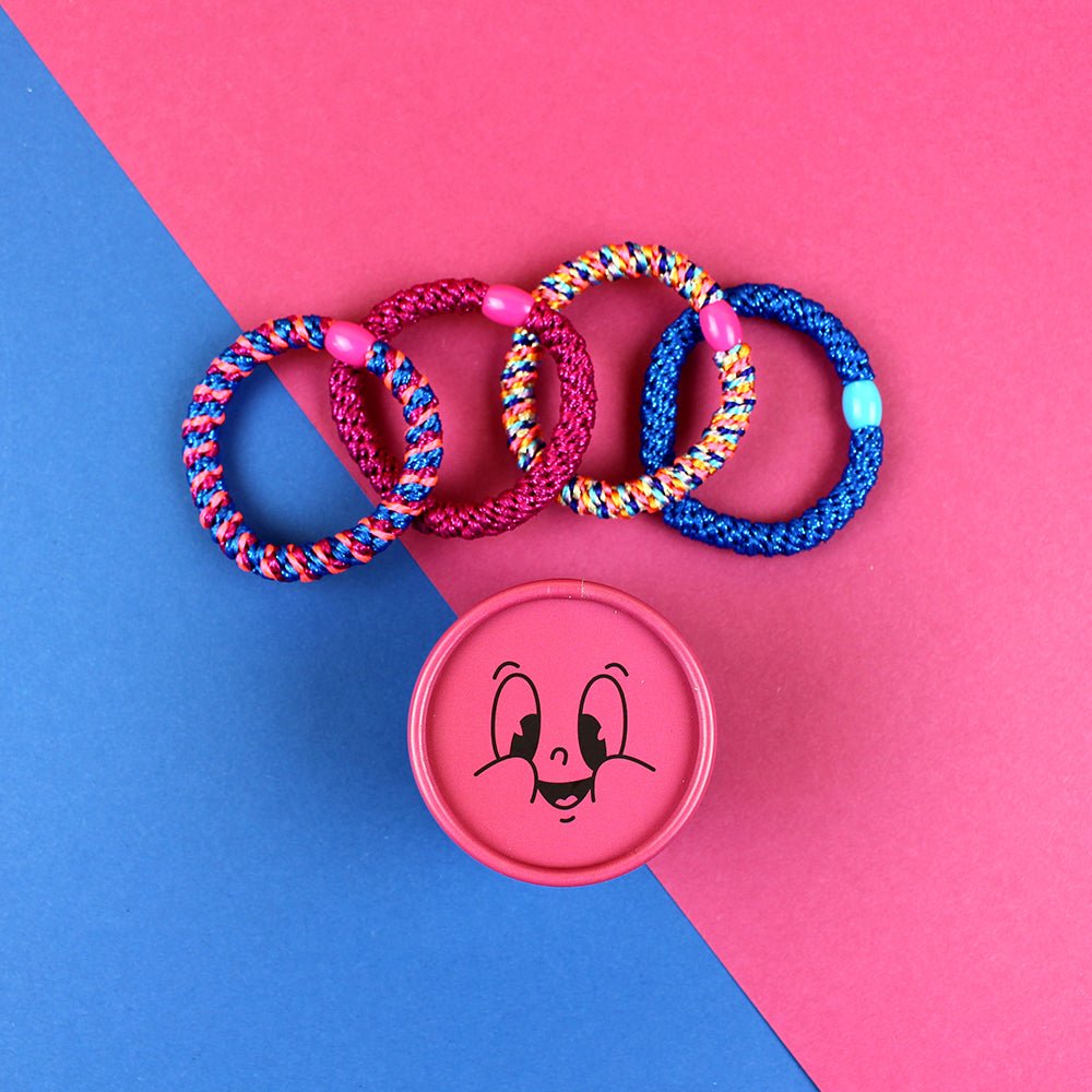 Haargummi-Set Pink/blau mit 4 Haargummis in runder Geschenkbox Ava & Yves - malmichmunt.com