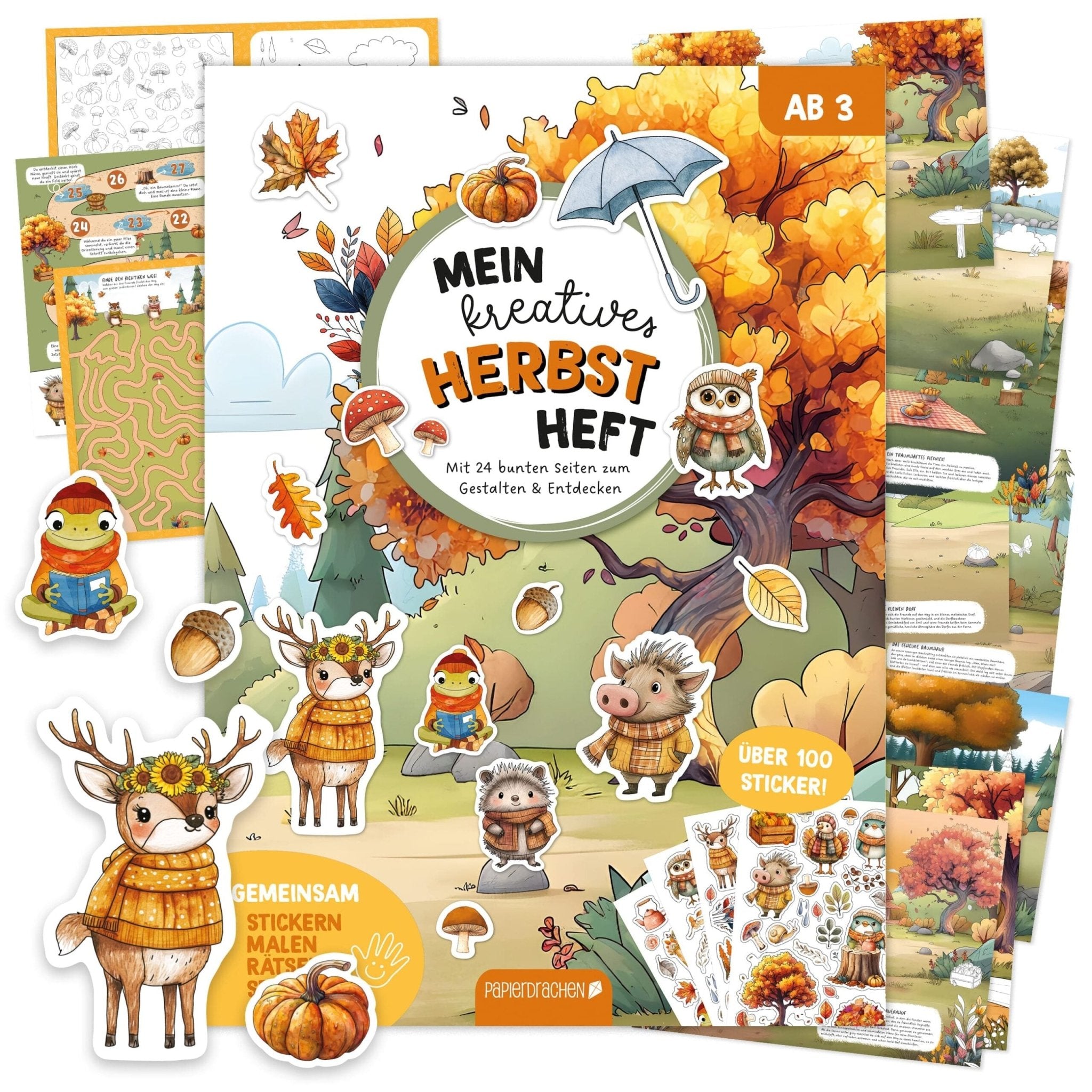 Papierdrachen Mein kreatives Herbstwelt Heft - Malen, Rätseln, Stickern Papierdrachen - malmichmunt.com