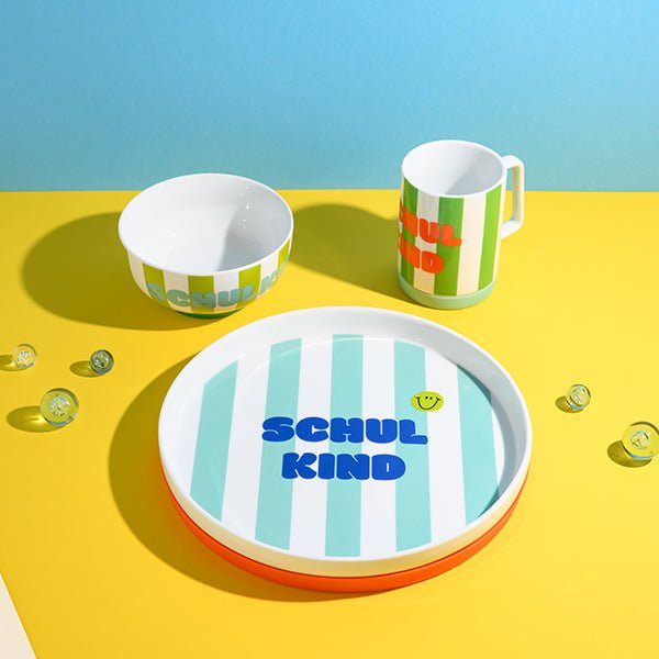 Porzellan-Set Schulkind Streifen, türkis und grün Ava & Yves - malmichmunt.com