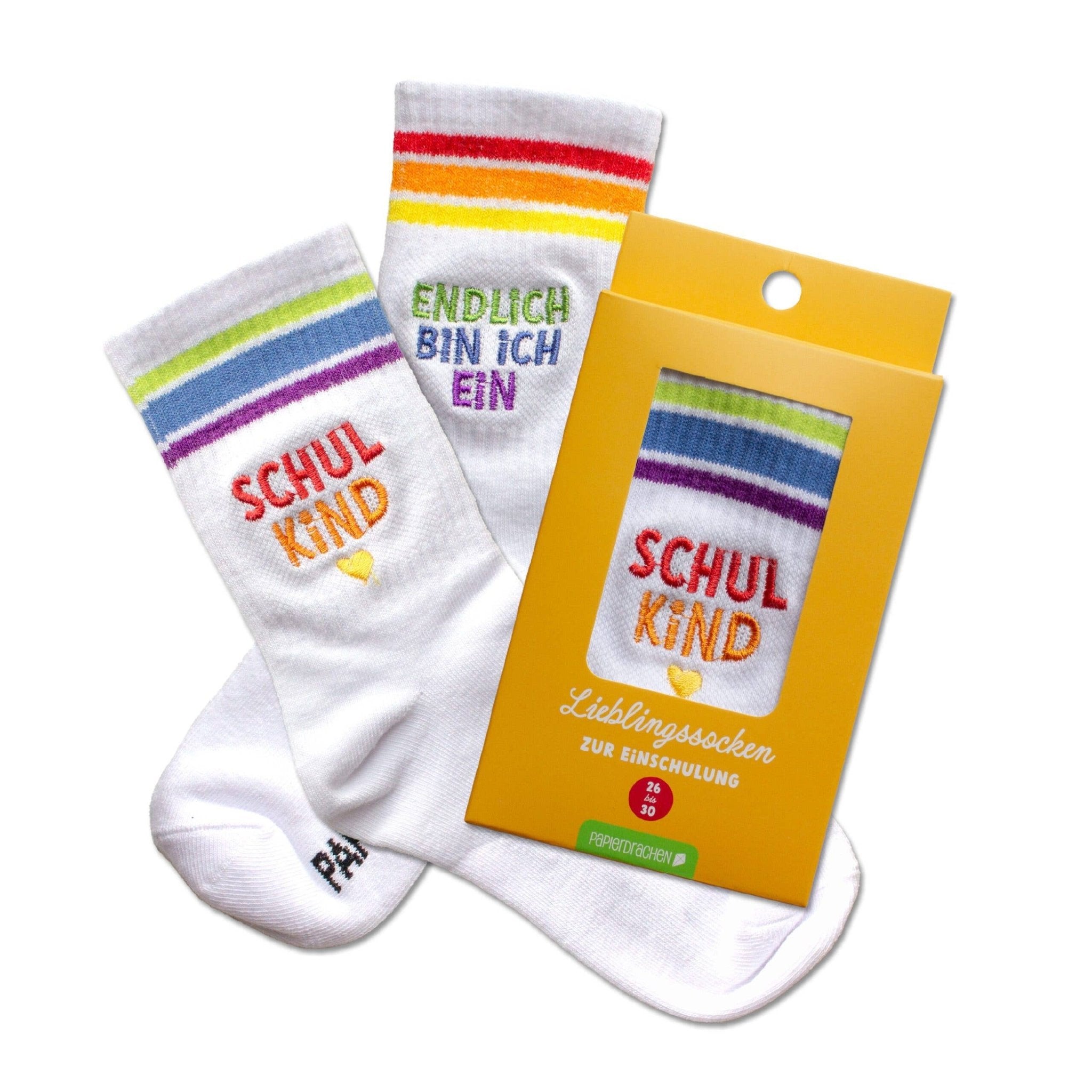 Socken Schulanfang - bunt - Endlich bin ich ein Schulkind Papierdrachen - malmichmunt.com