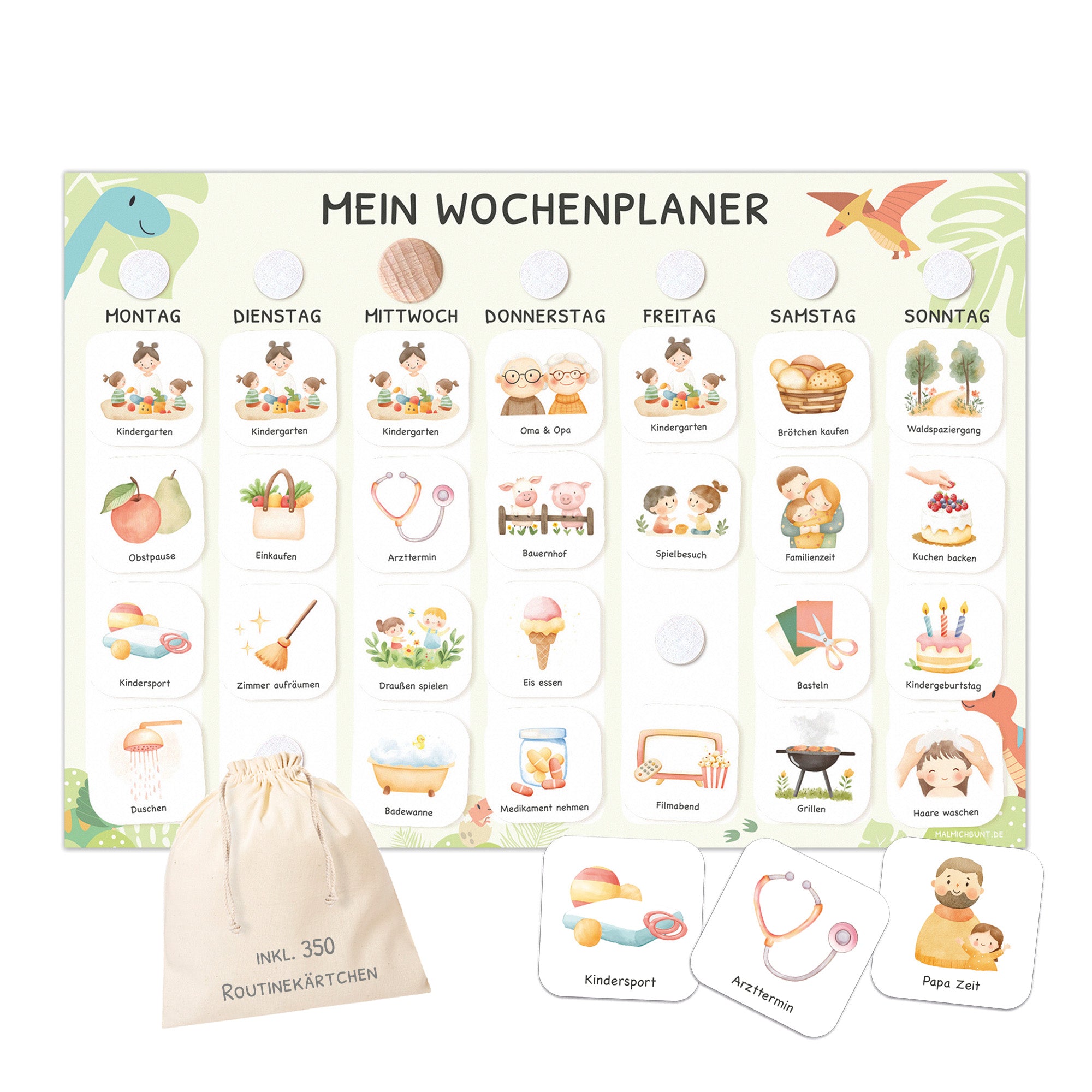 Wochenplaner Kinder inkl. 350 Routinekärtchen - Motiv Dino Jeka - malmichmunt.com