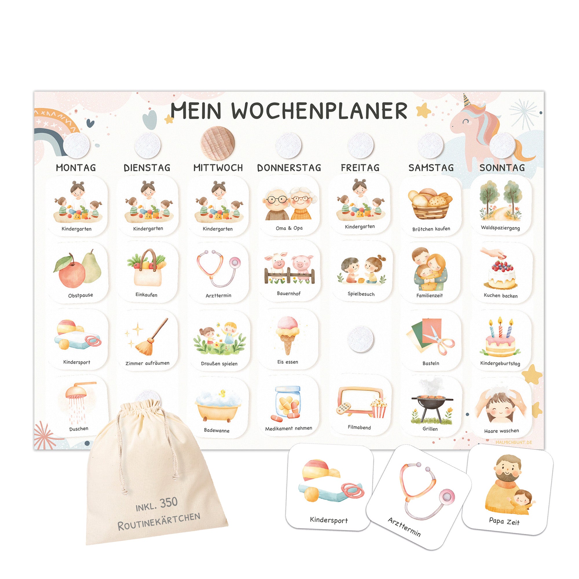Wochenplaner Kinder inkl. 350 Routinekärtchen - Motiv Einhorn Jeka - malmichmunt.com