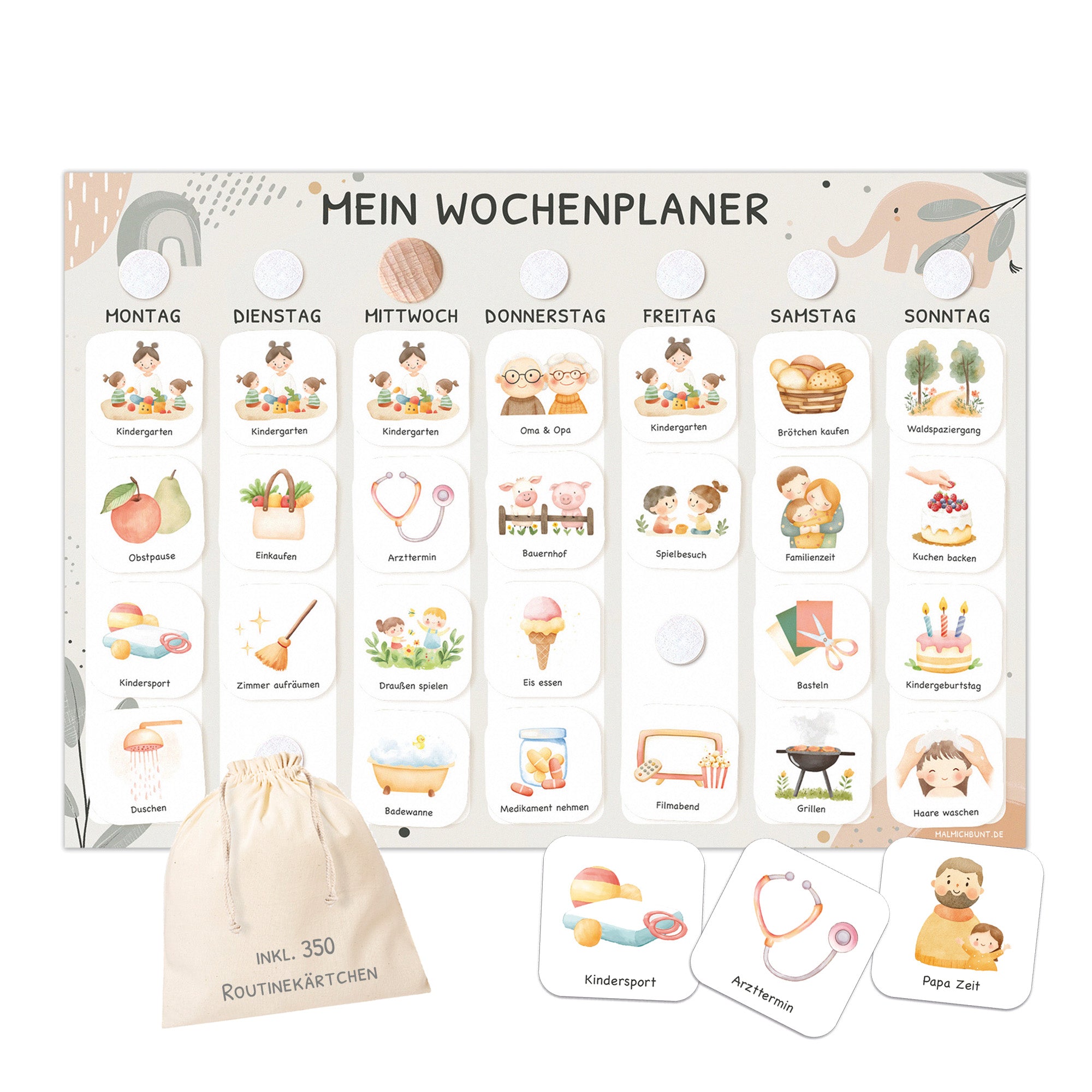 Wochenplaner Kinder inkl. 350 Routinekärtchen - Motiv Little Elephant Jeka - malmichmunt.com