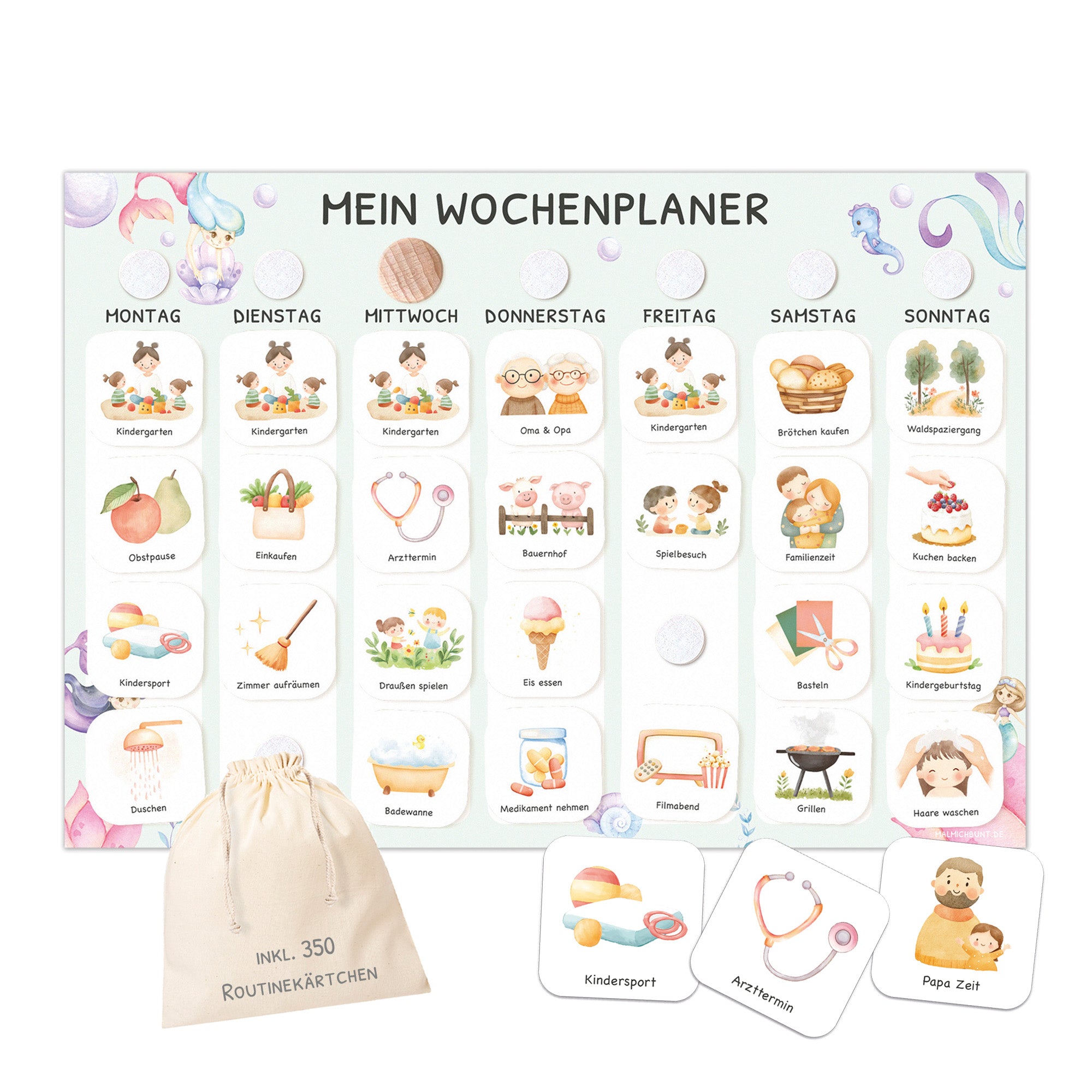 Wochenplaner Kinder inkl. 350 Routinekärtchen - Motiv Meerjungfrau Jeka - malmichmunt.com
