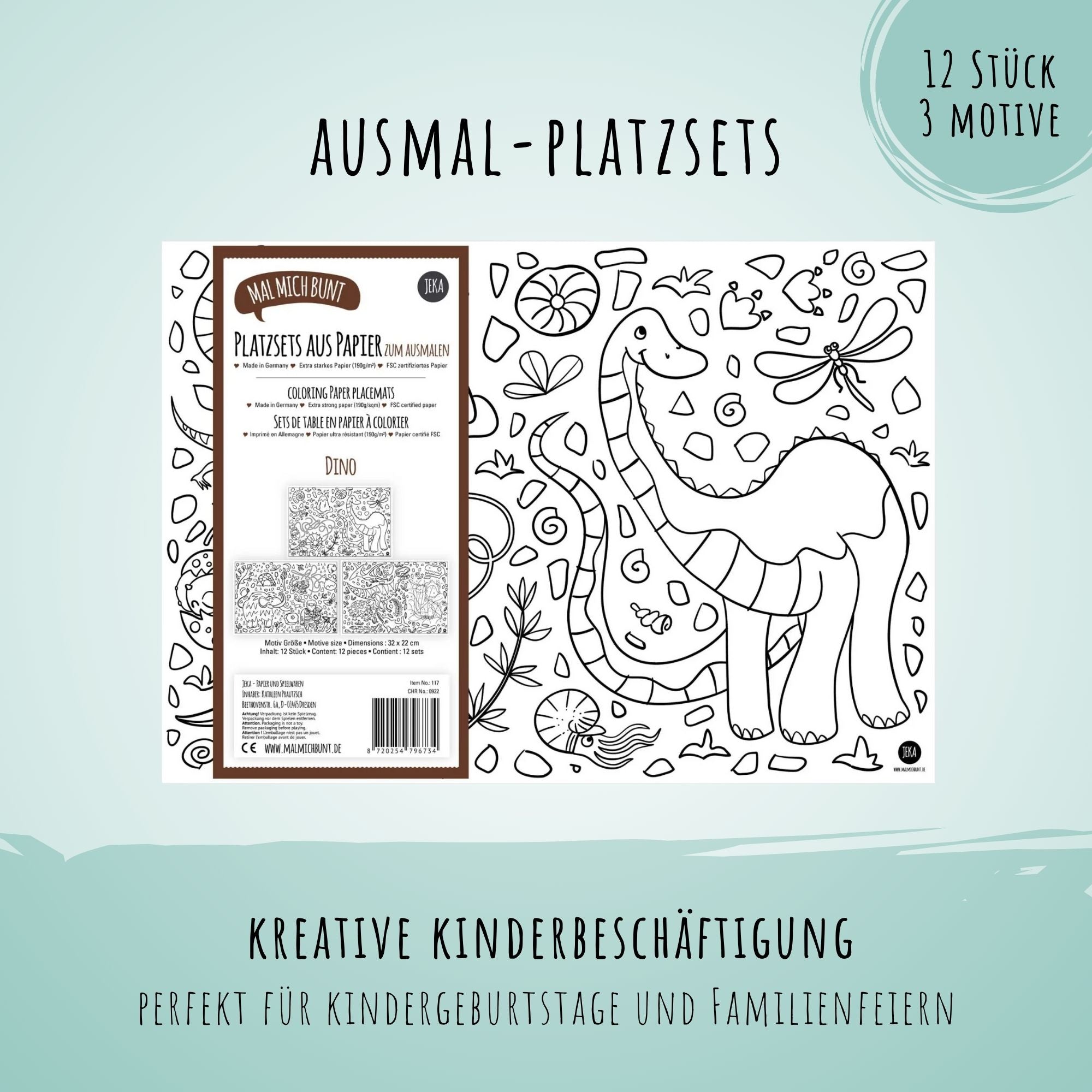12 Platzsets Dino zum Ausmalen Jeka - malmichmunt.com