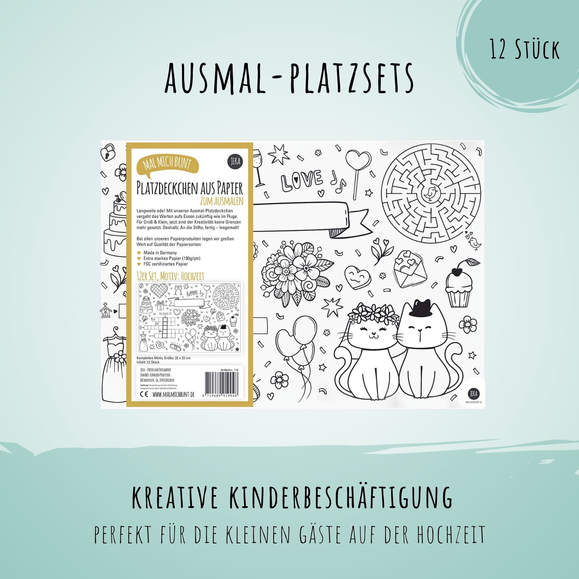 12 Platzsets Hochzeit zum Ausmalen Jeka - malmichmunt.com