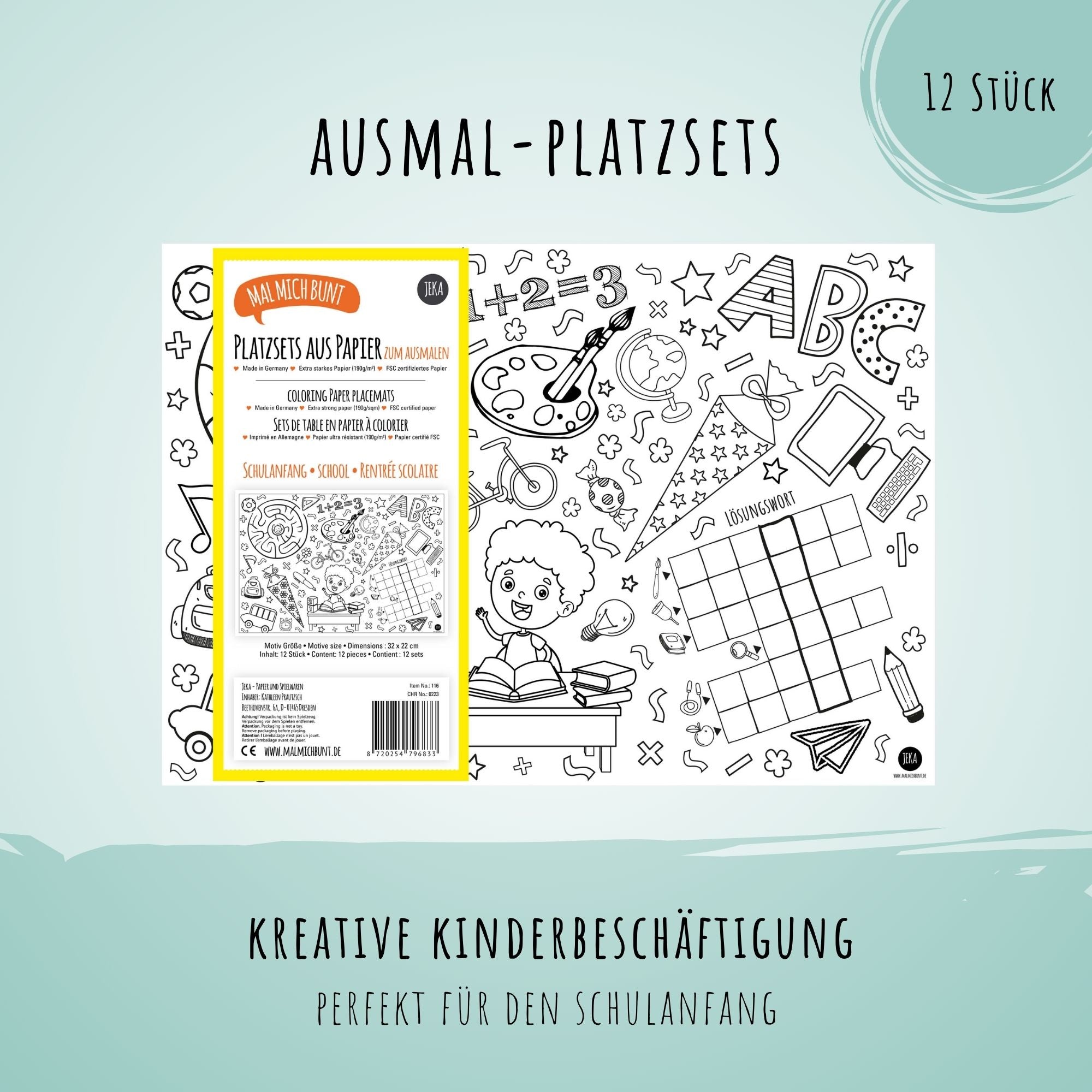 12 Platzsets Schulanfang zum Ausmalen Jeka - malmichmunt.com