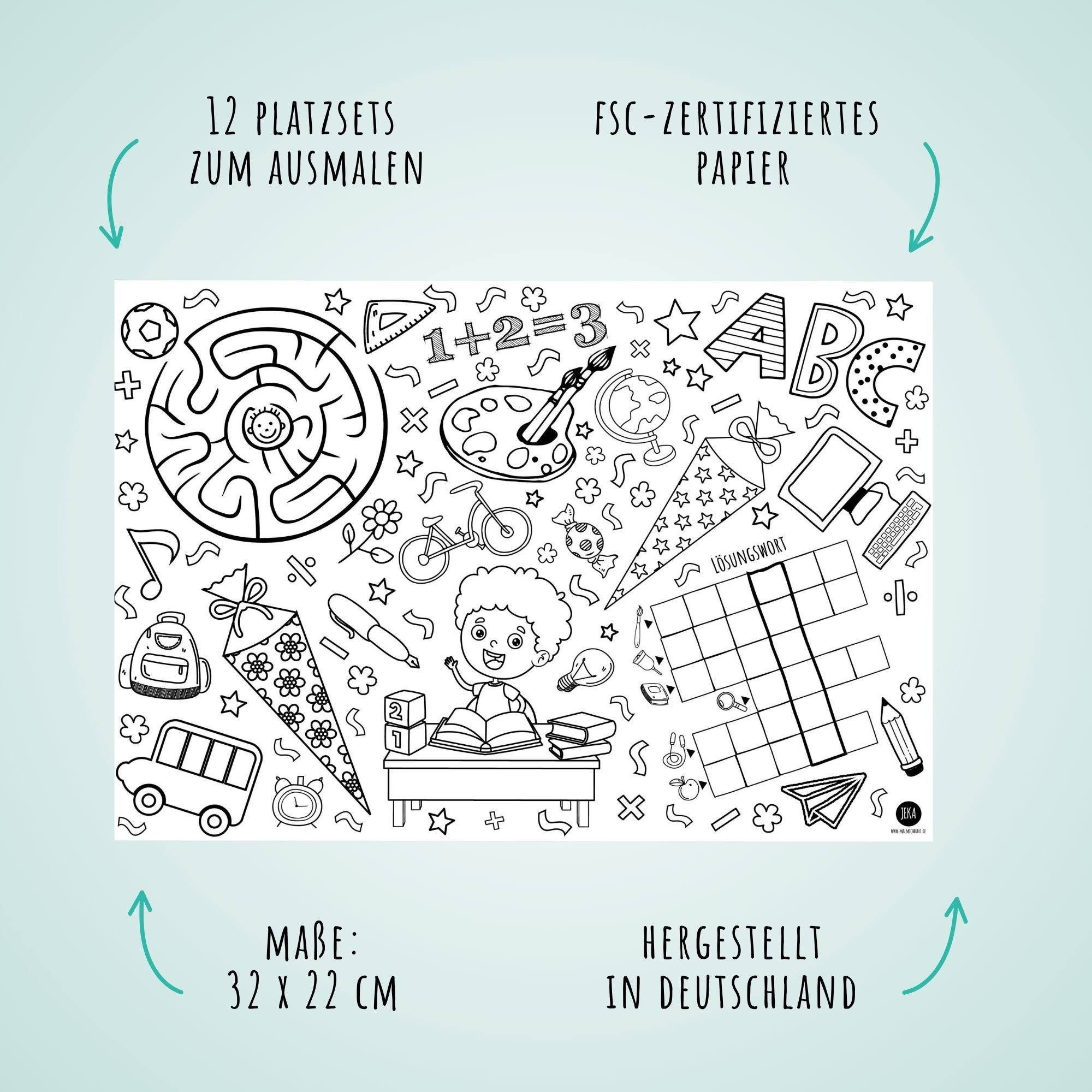 12 Platzsets Schulanfang zum Ausmalen Jeka - malmichmunt.com