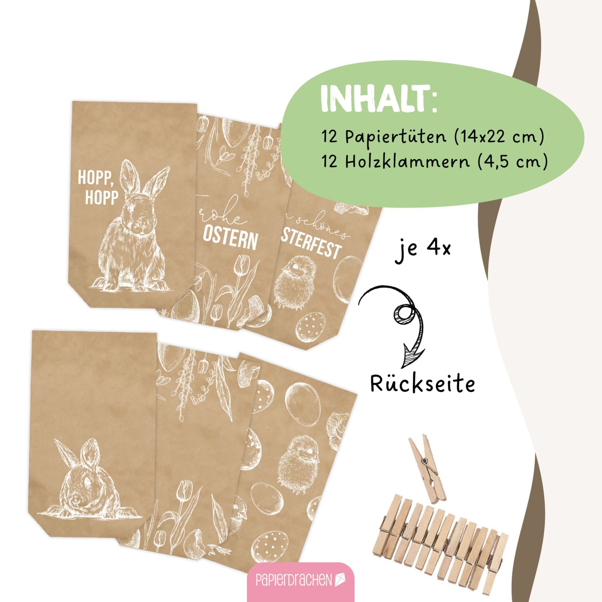 12 weiß bedruckte Geschenktüten Ostern Papierdrachen - malmichmunt.com