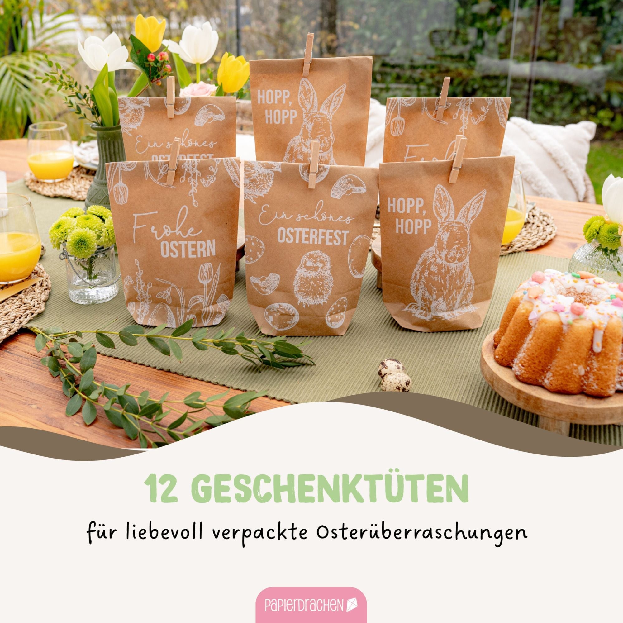 12 weiß bedruckte Geschenktüten Ostern Papierdrachen - malmichmunt.com