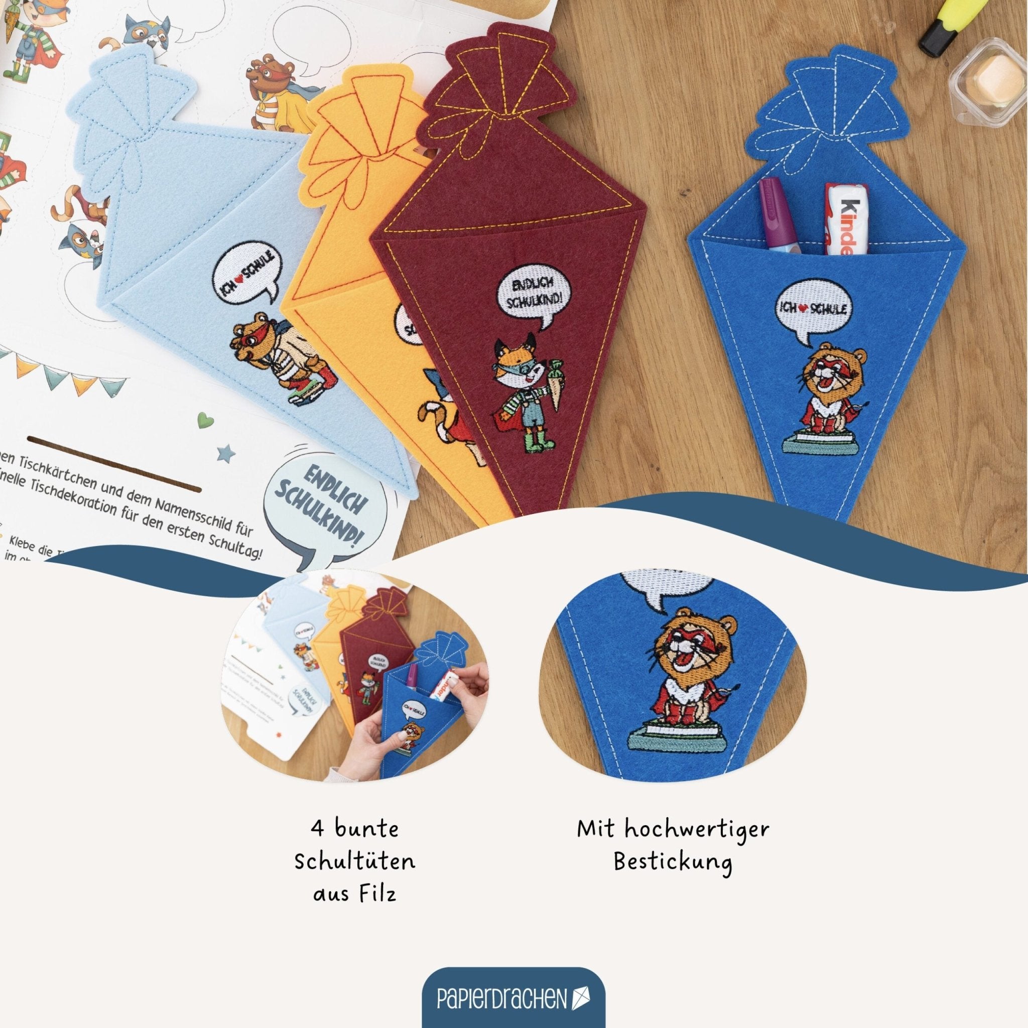 4 Filz - Taschen zur Einschulung Papierdrachen - malmichmunt.com