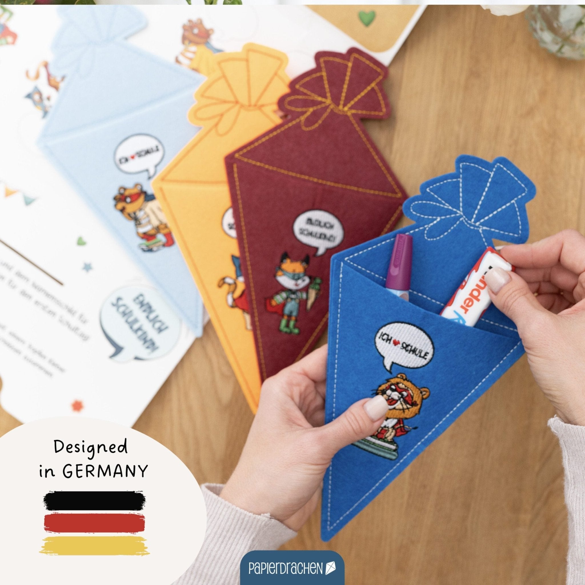 4 Filz - Taschen zur Einschulung Papierdrachen - malmichmunt.com