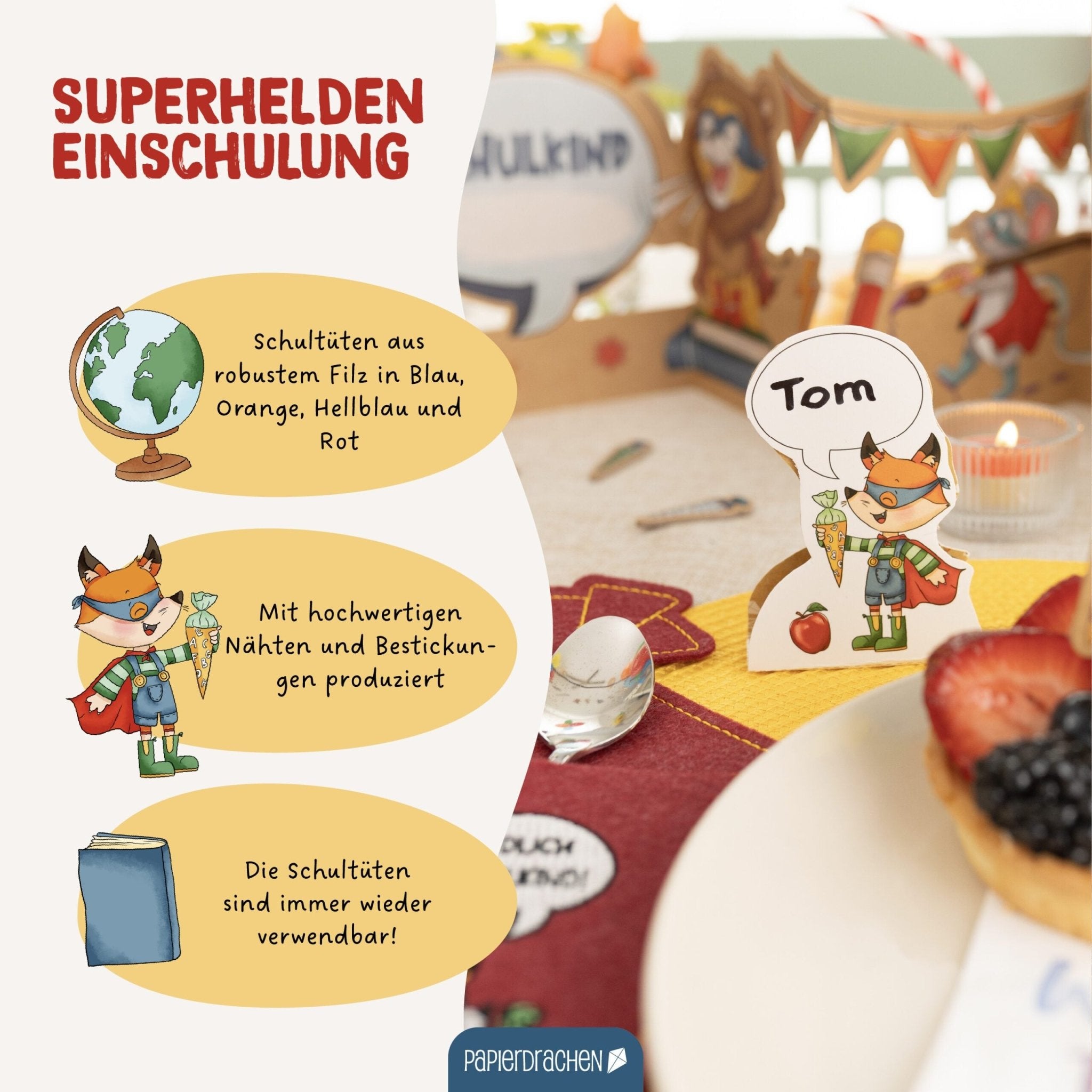4 Filz - Taschen zur Einschulung Papierdrachen - malmichmunt.com