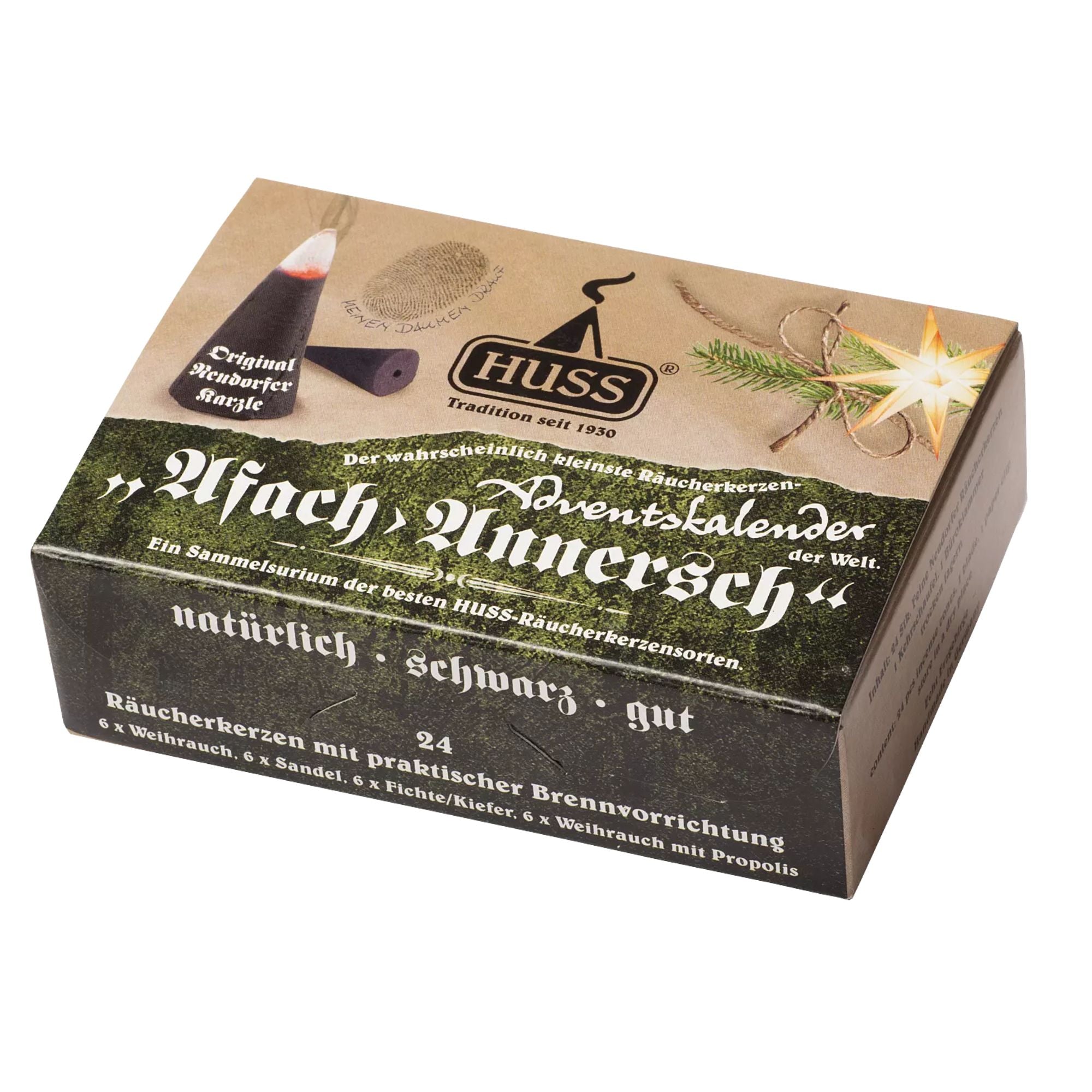 Adventskalender Räucherkerzen "Afach Annersch" Huss - malmichmunt.com