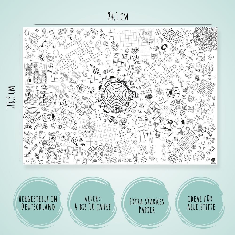 Ausmal - Tischdecke aus Papier "Rätsel & Spiele" Jeka - malmichmunt.com