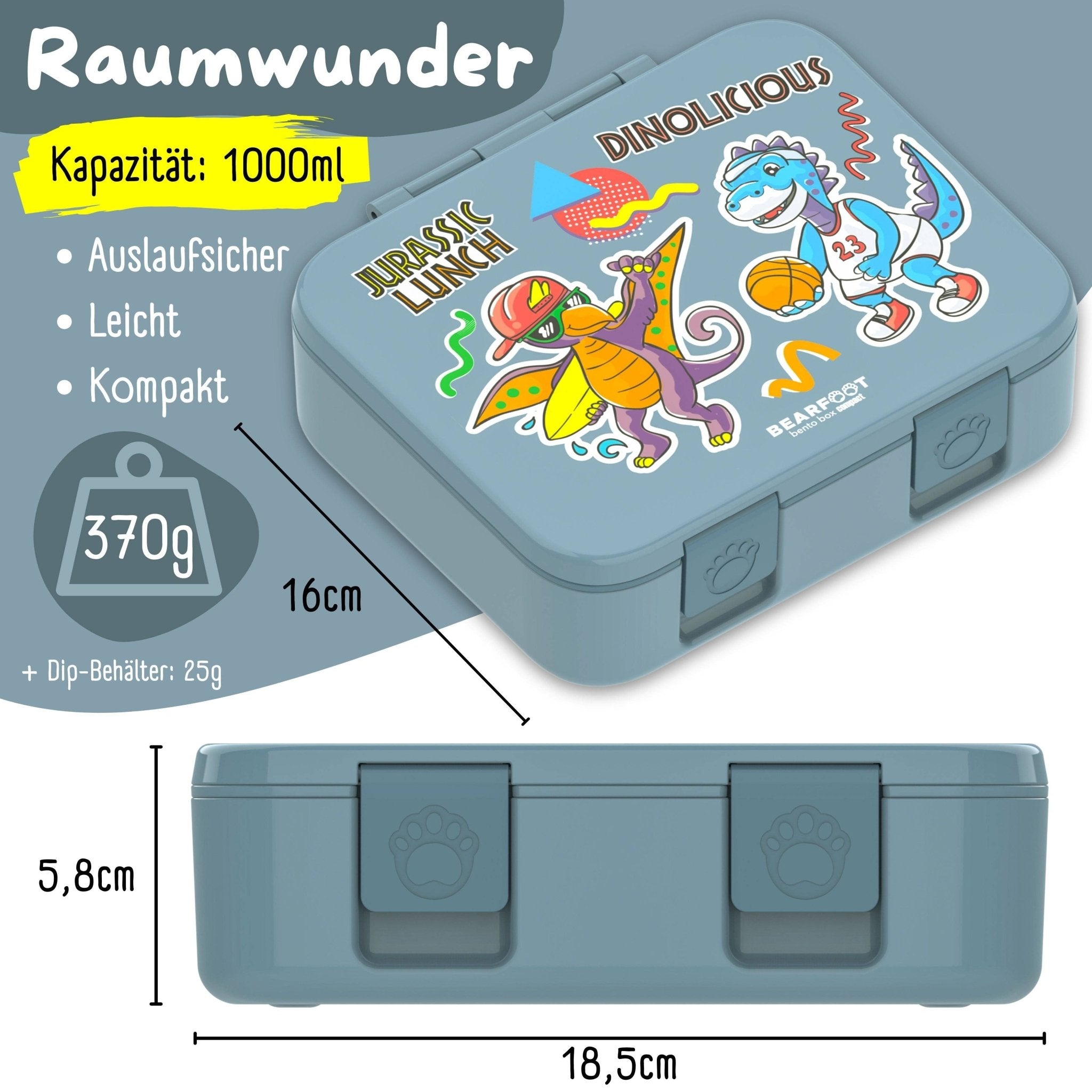 Bearfoot Bentobox Compact - Dinos blau - 1.000ml BEARFOOT - malmichmunt.com