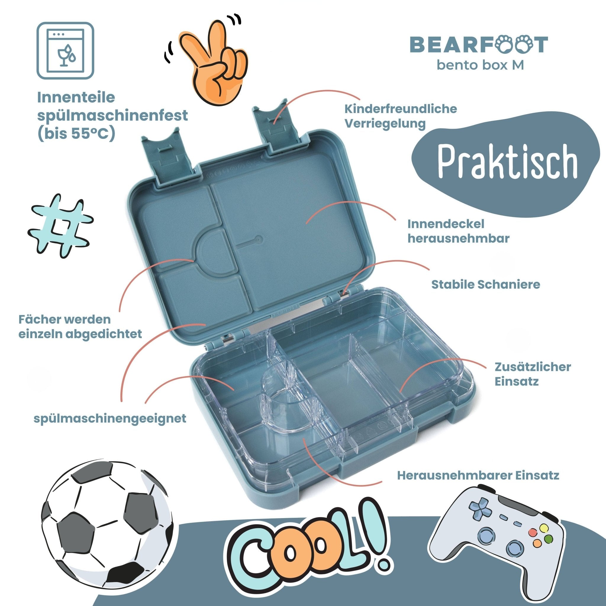 Brotdose Kinder mit Fächern, Lunchbox, Bento box - Blau BEARFOOT - malmichmunt.com