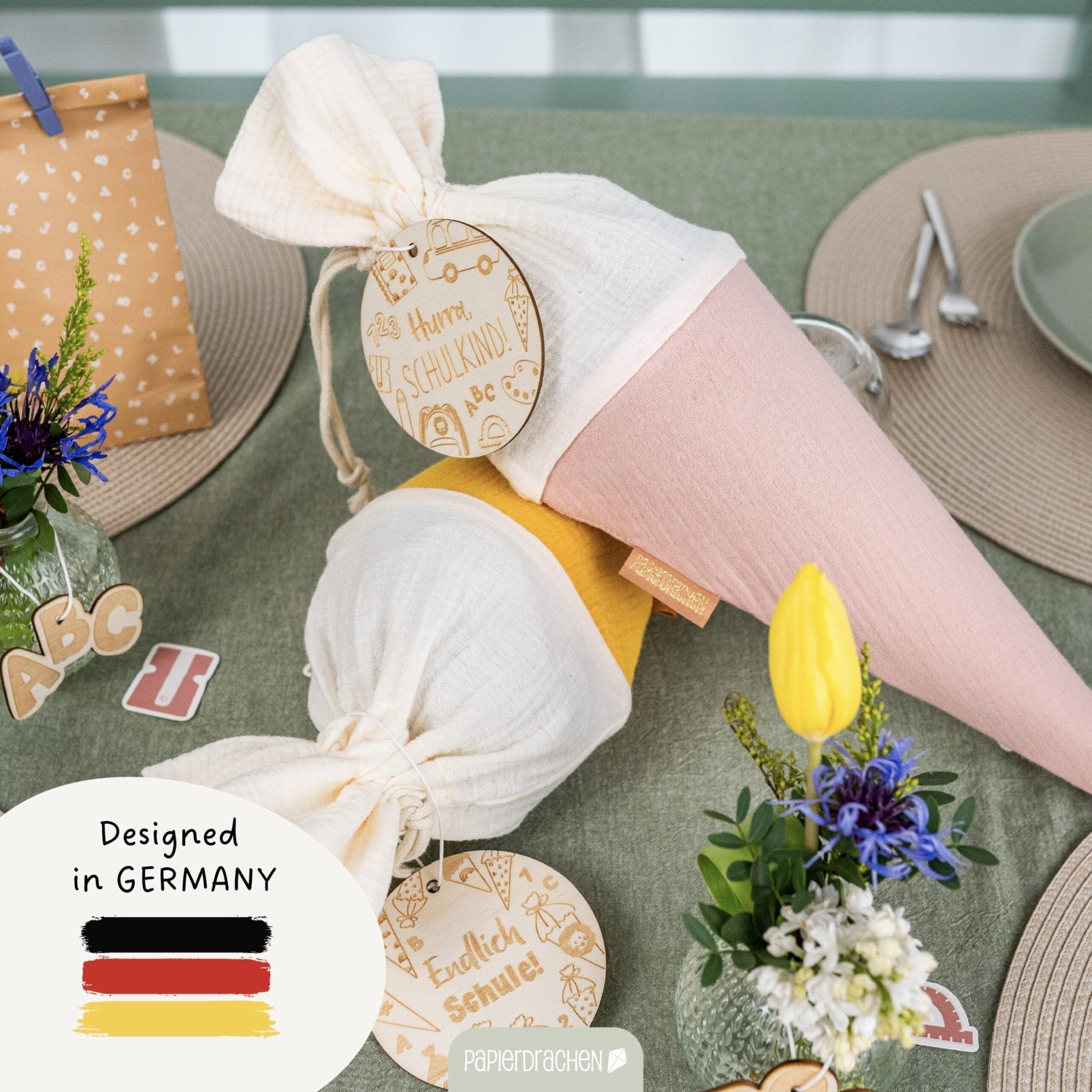 Bunte Schultüten aus Musselin - 2 Stück Papierdrachen - malmichmunt.com