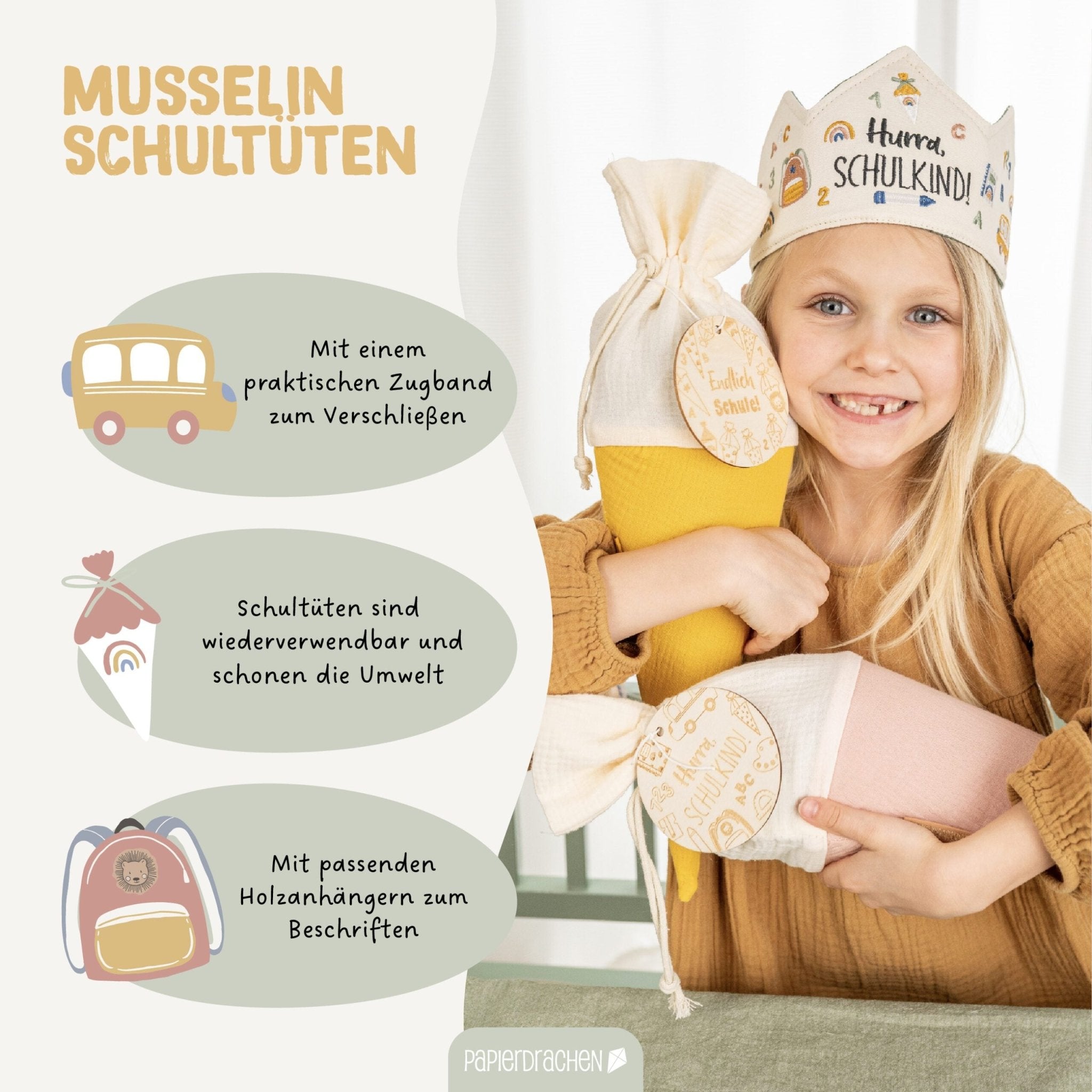 Bunte Schultüten aus Musselin - 2 Stück Papierdrachen - malmichmunt.com