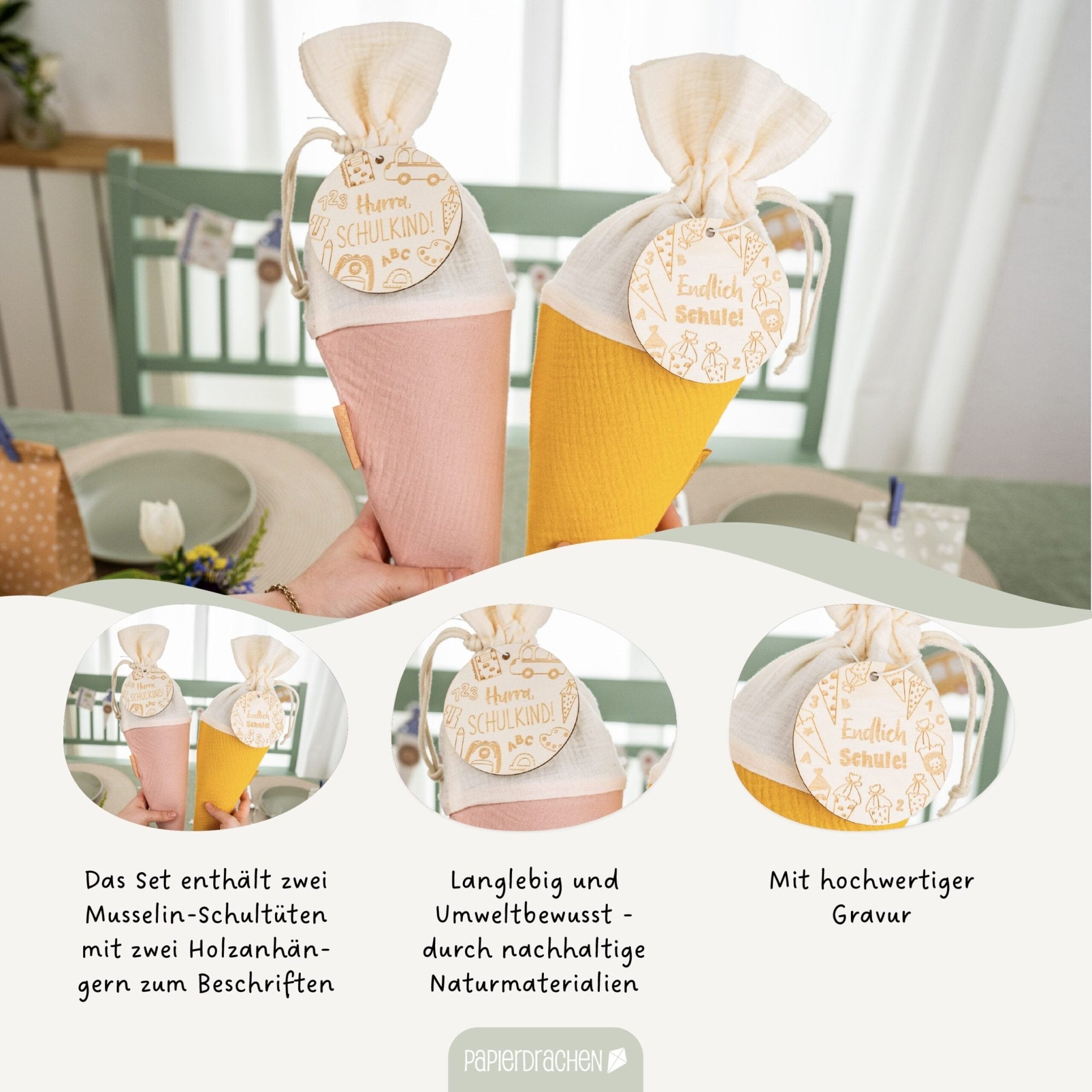 Bunte Schultüten aus Musselin - 2 Stück Papierdrachen - malmichmunt.com