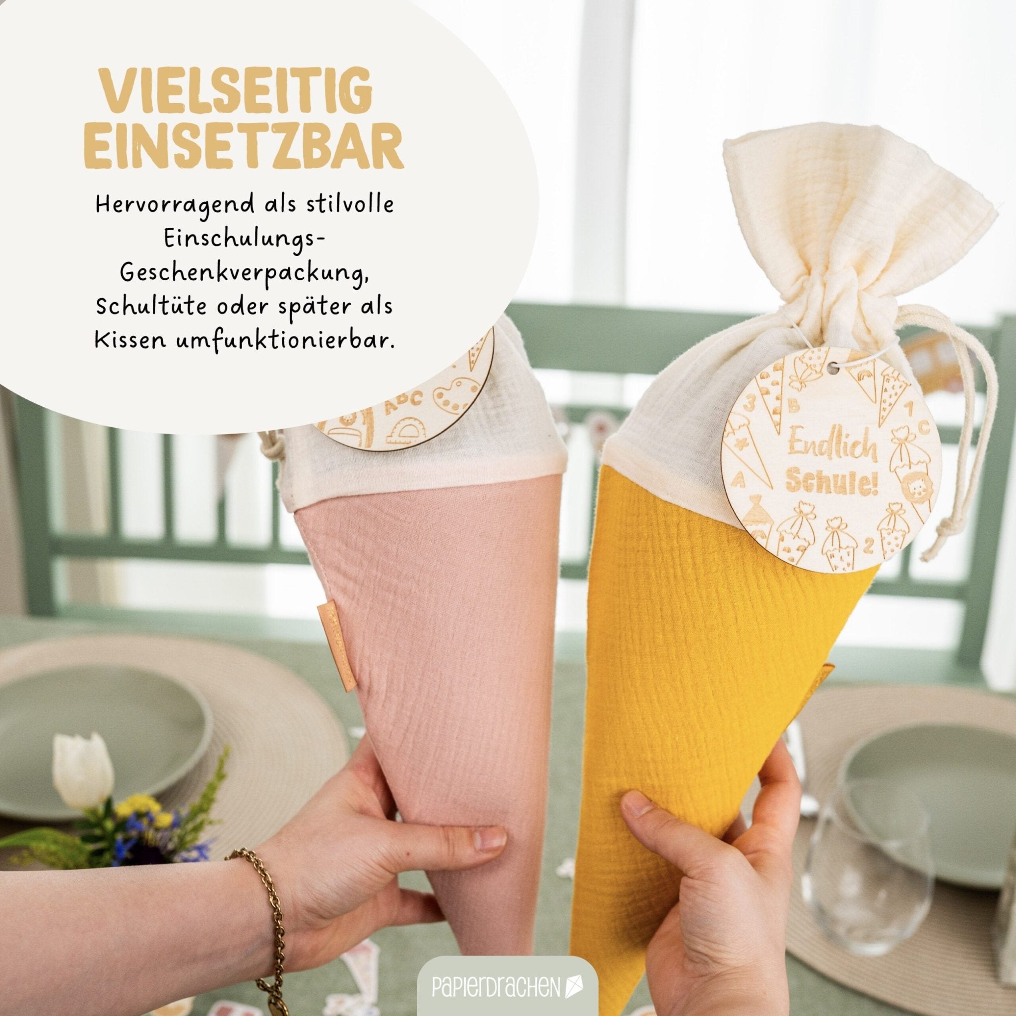 Bunte Schultüten aus Musselin - 2 Stück Papierdrachen - malmichmunt.com