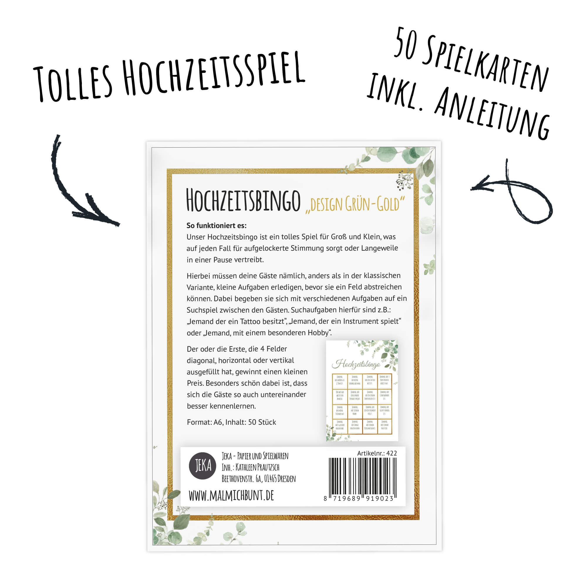 Hochzeitsbingo - Design Grün - Gold Jeka - malmichmunt.com