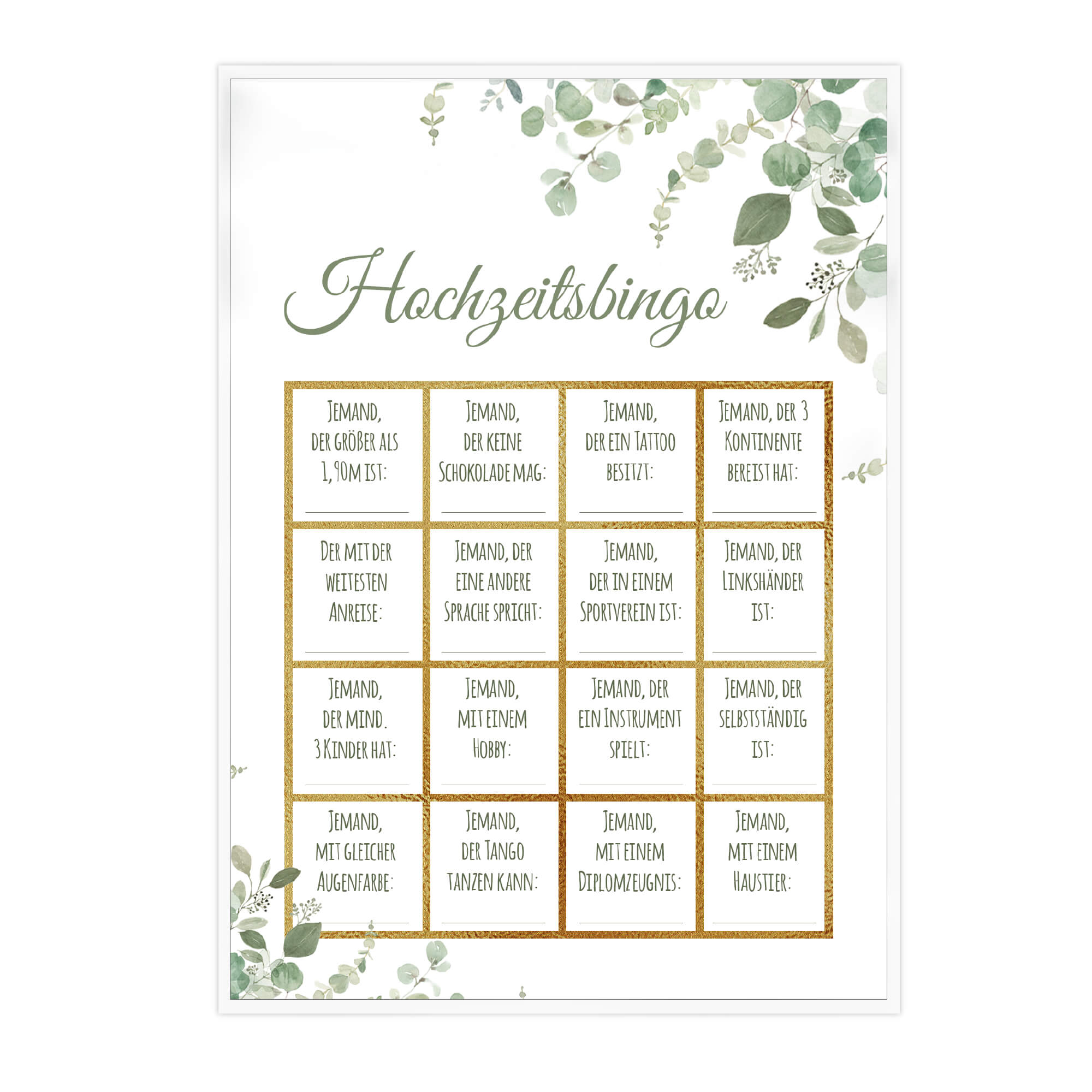 Hochzeitsbingo - Design Grün - Gold Jeka - malmichmunt.com