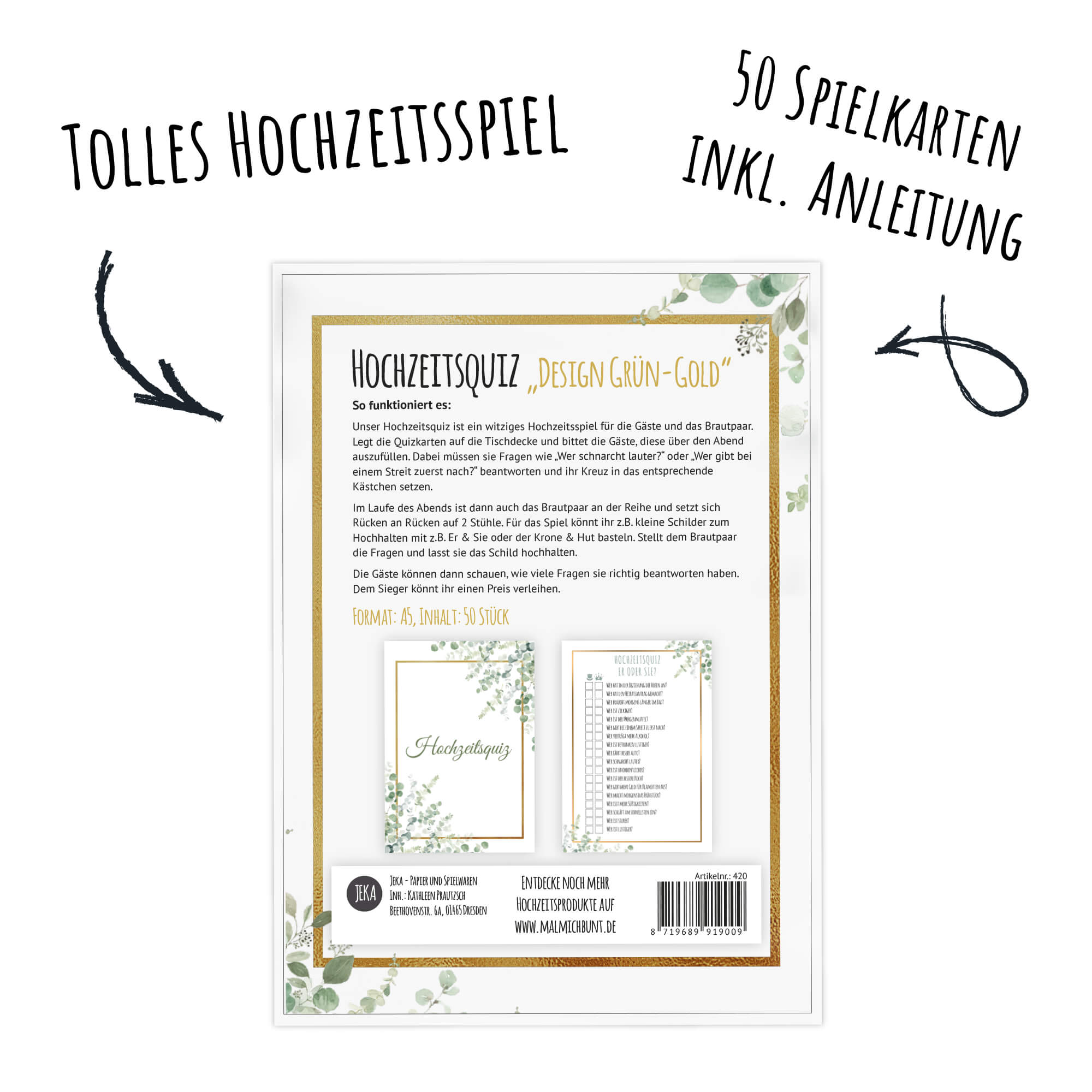 Hochzeitsquiz - Design Grün - Gold Jeka - malmichmunt.com