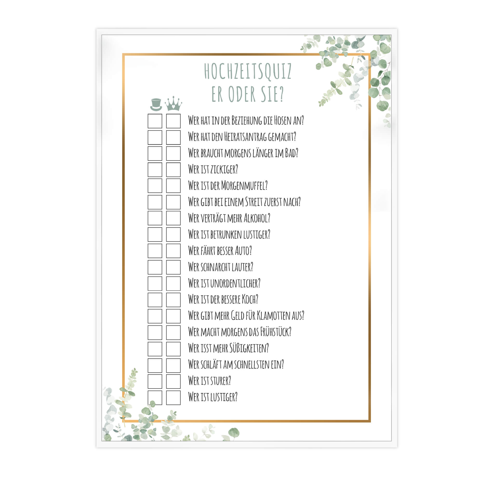 Hochzeitsquiz - Design Grün - Gold Jeka - malmichmunt.com