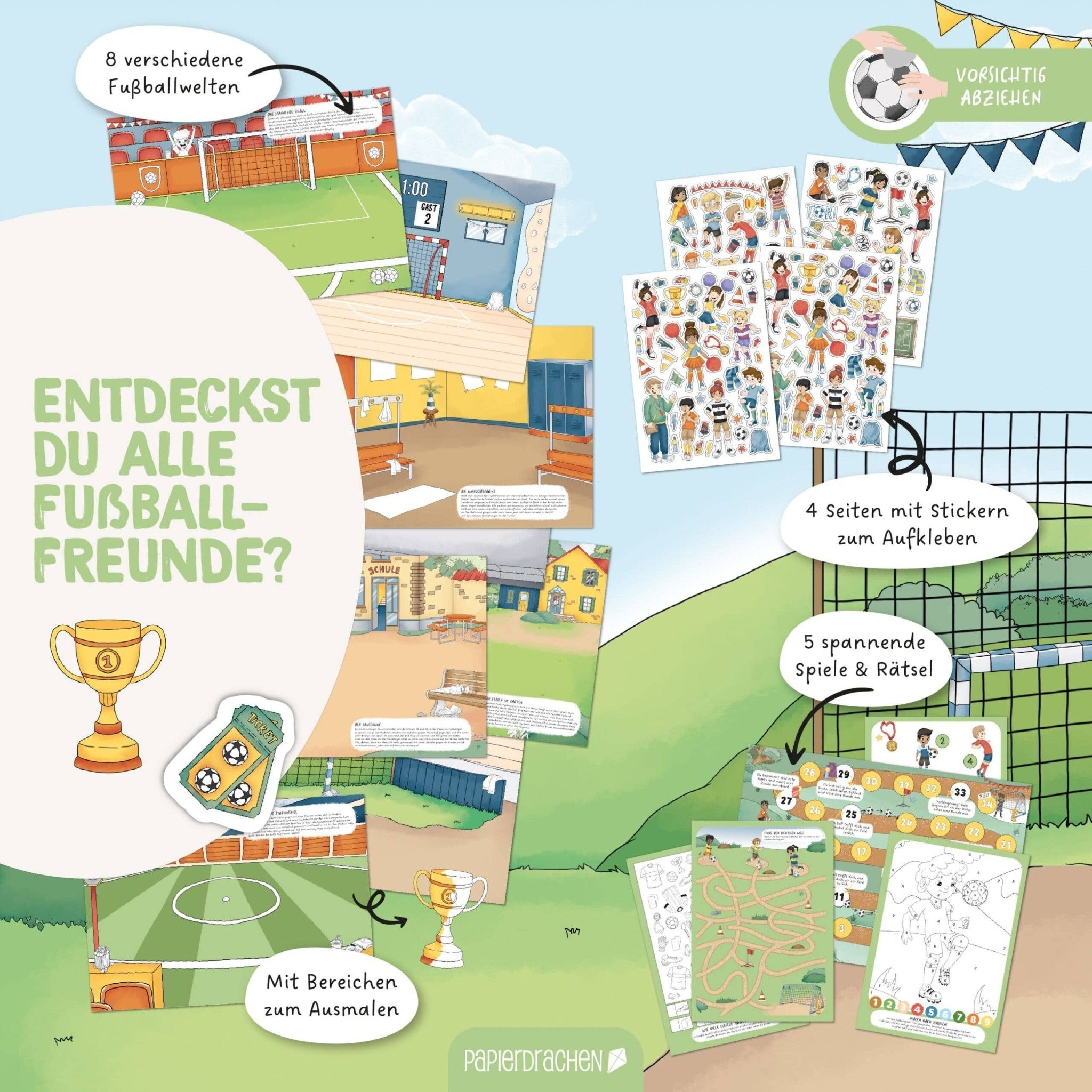 Papierdrachen Mein kreatives Fußballwelt Heft - Malen, Rätseln, Stickern Papierdrachen - malmichmunt.com