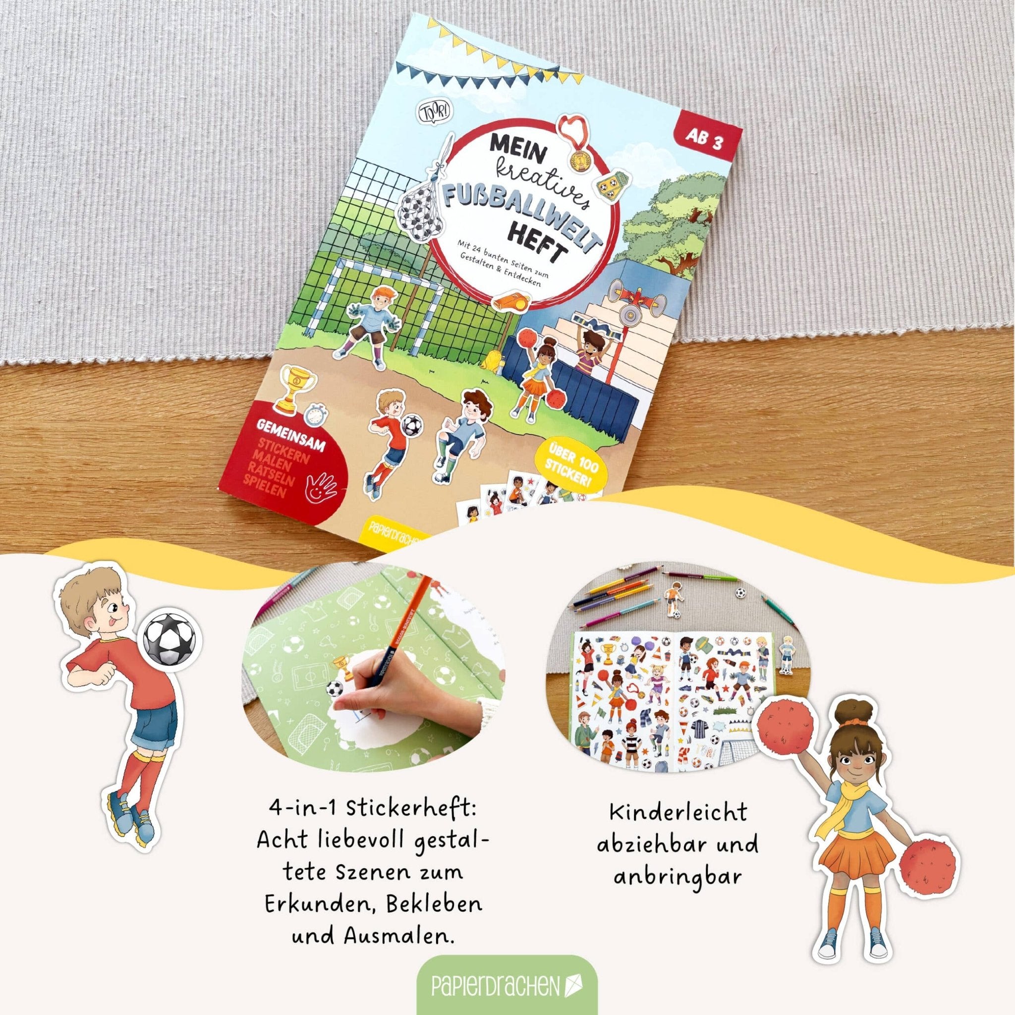 Papierdrachen Mein kreatives Fußballwelt Heft - Malen, Rätseln, Stickern Papierdrachen - malmichmunt.com