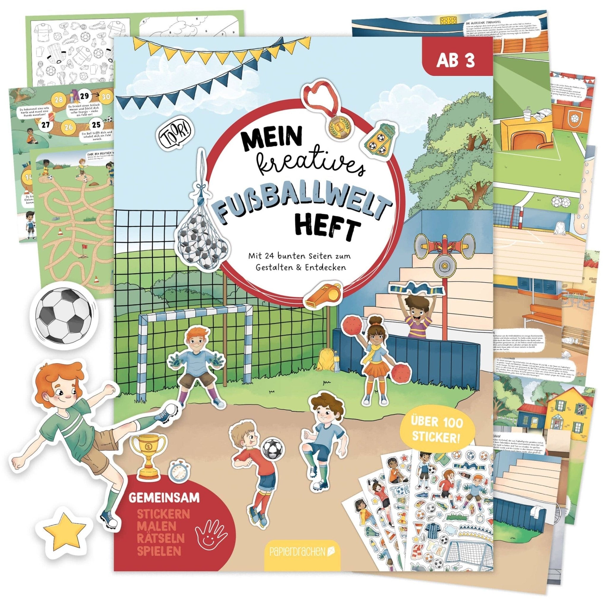 Papierdrachen Mein kreatives Fußballwelt Heft - Malen, Rätseln, Stickern Papierdrachen - malmichmunt.com