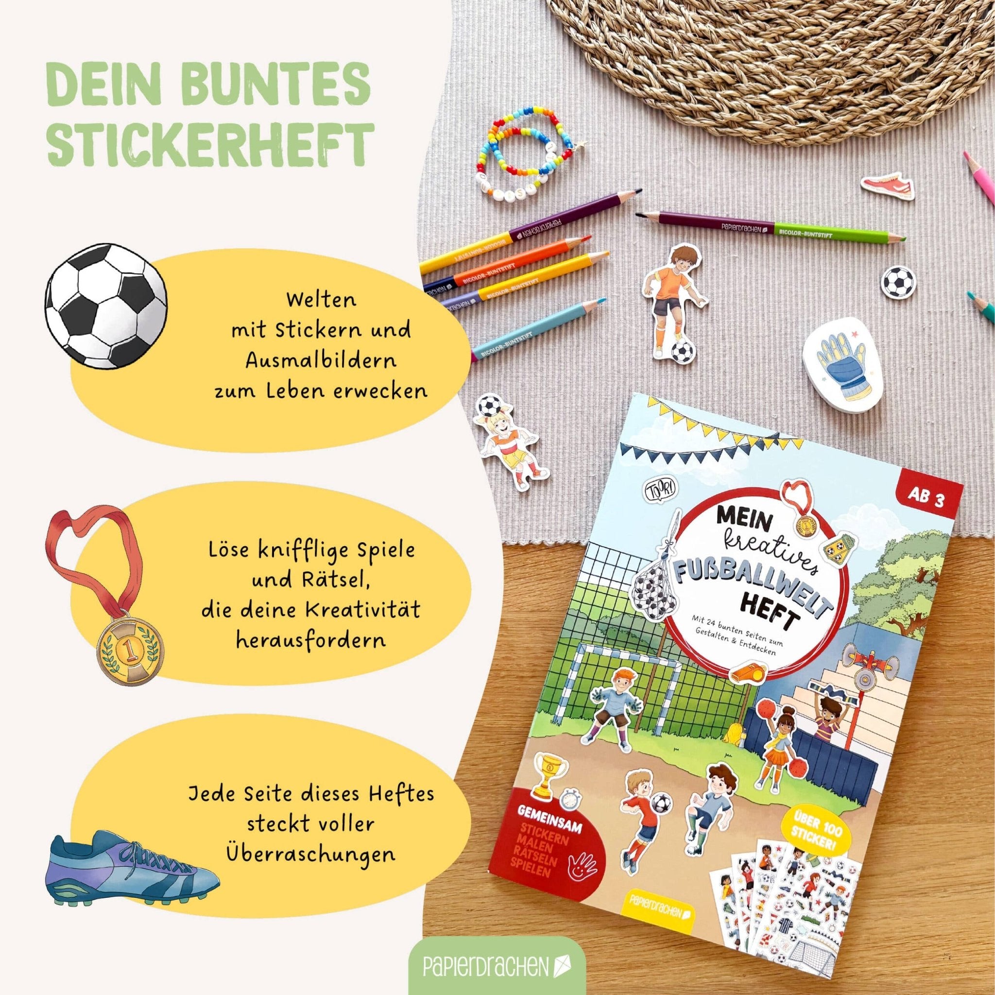 Papierdrachen Mein kreatives Fußballwelt Heft - Malen, Rätseln, Stickern Papierdrachen - malmichmunt.com