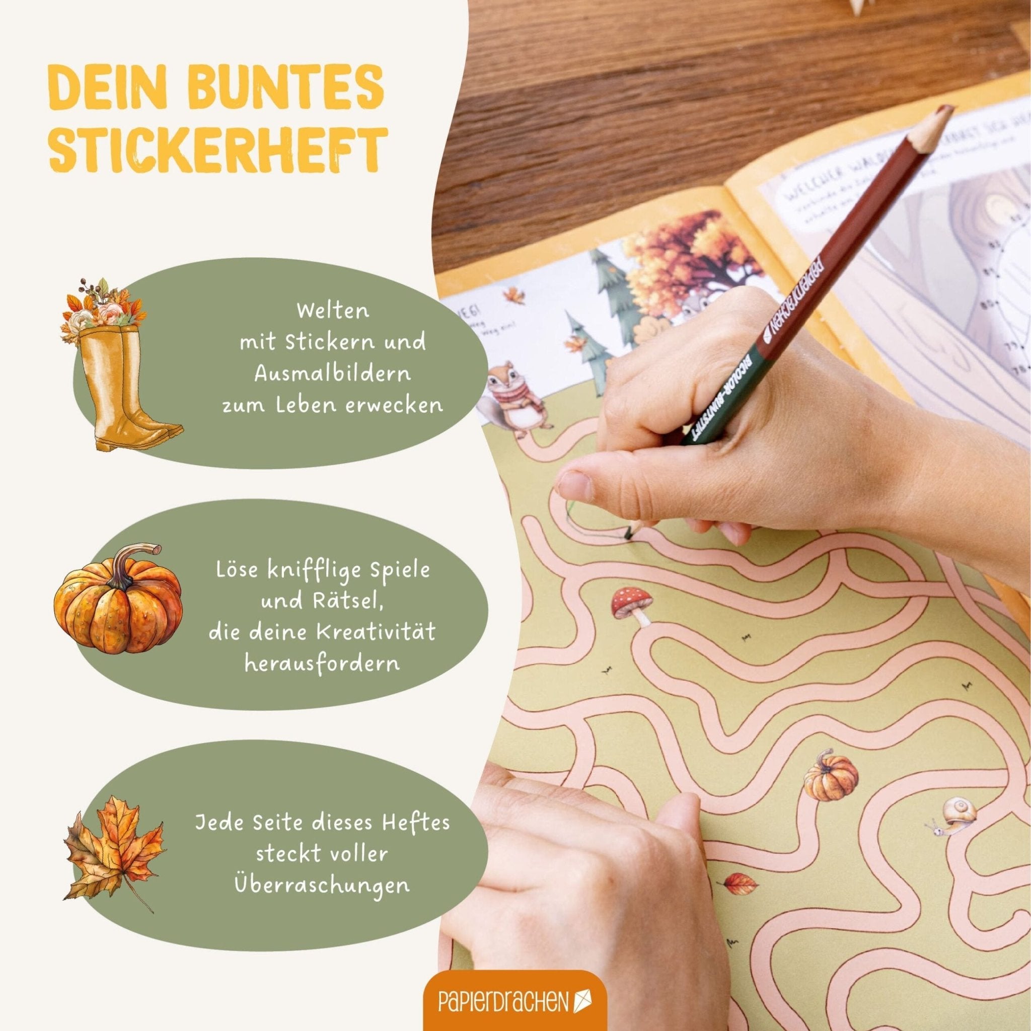 Papierdrachen Mein kreatives Herbstwelt Heft - Malen, Rätseln, Stickern Papierdrachen - malmichmunt.com