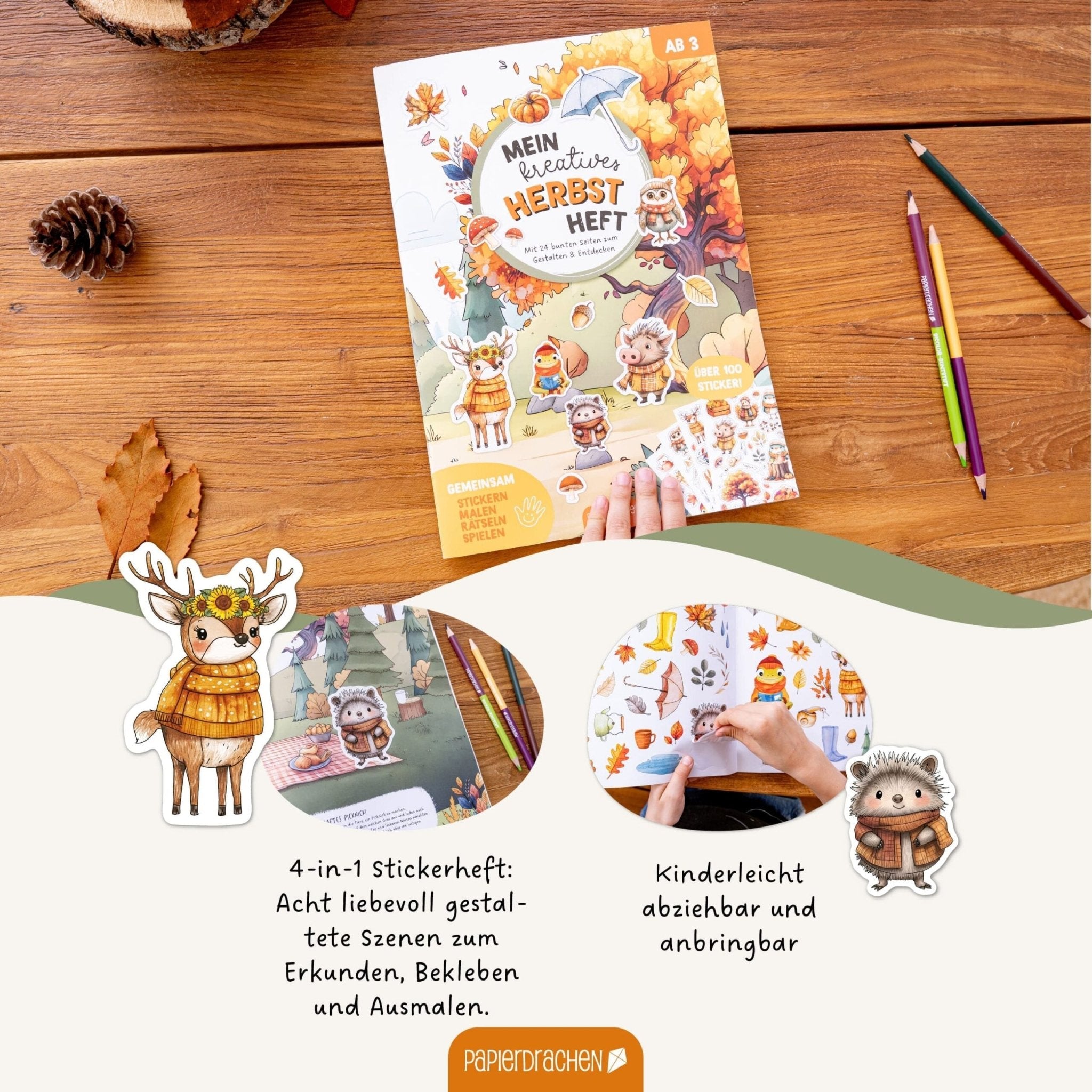 Papierdrachen Mein kreatives Herbstwelt Heft - Malen, Rätseln, Stickern Papierdrachen - malmichmunt.com