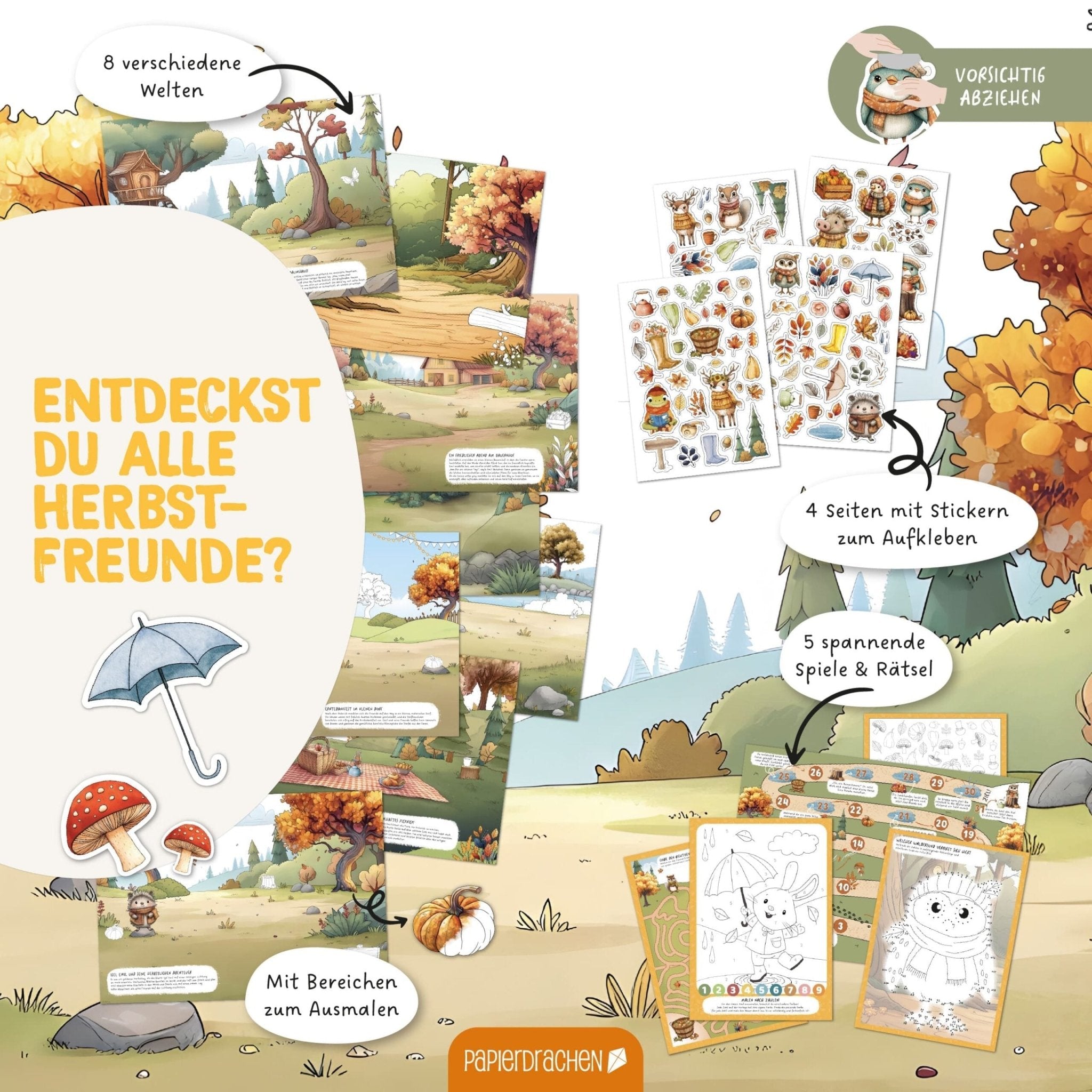 Papierdrachen Mein kreatives Herbstwelt Heft - Malen, Rätseln, Stickern Papierdrachen - malmichmunt.com