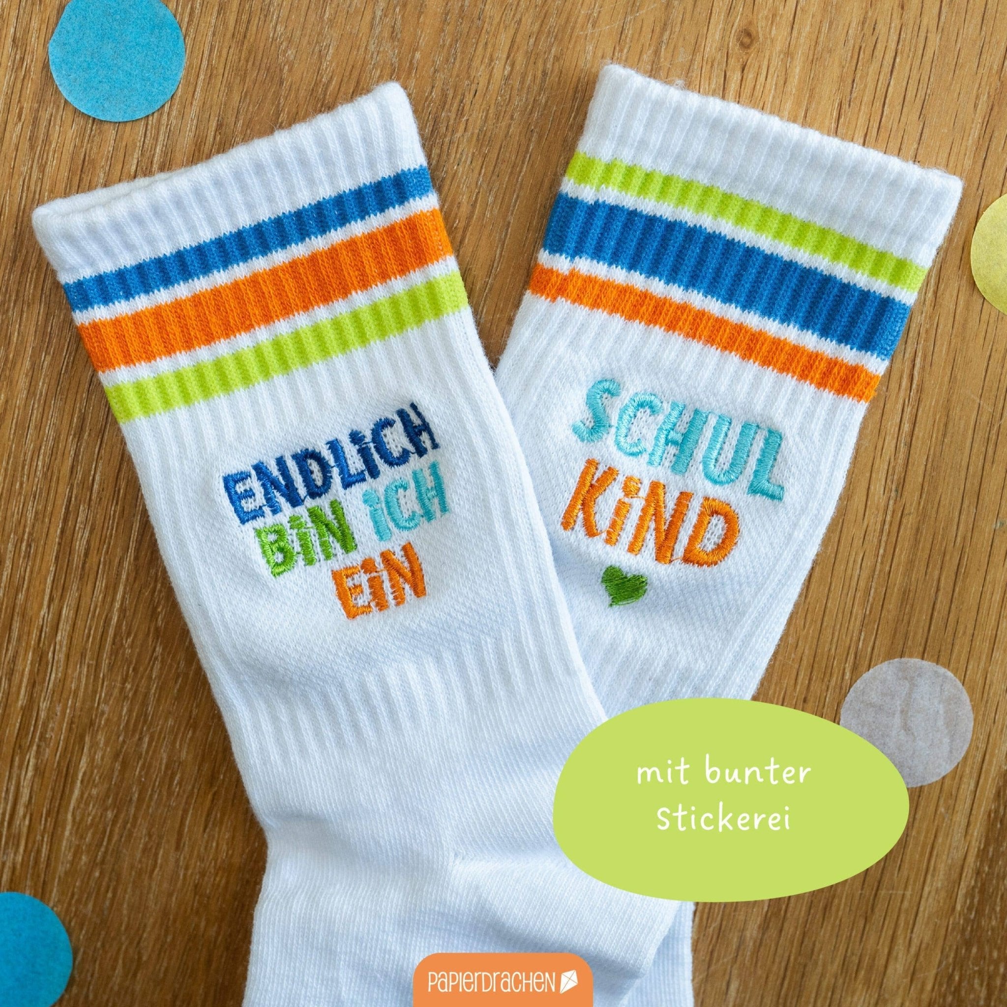 Schulanfang Socken - blau - Endlich bin ich ein Schulkind Papierdrachen - malmichmunt.com
