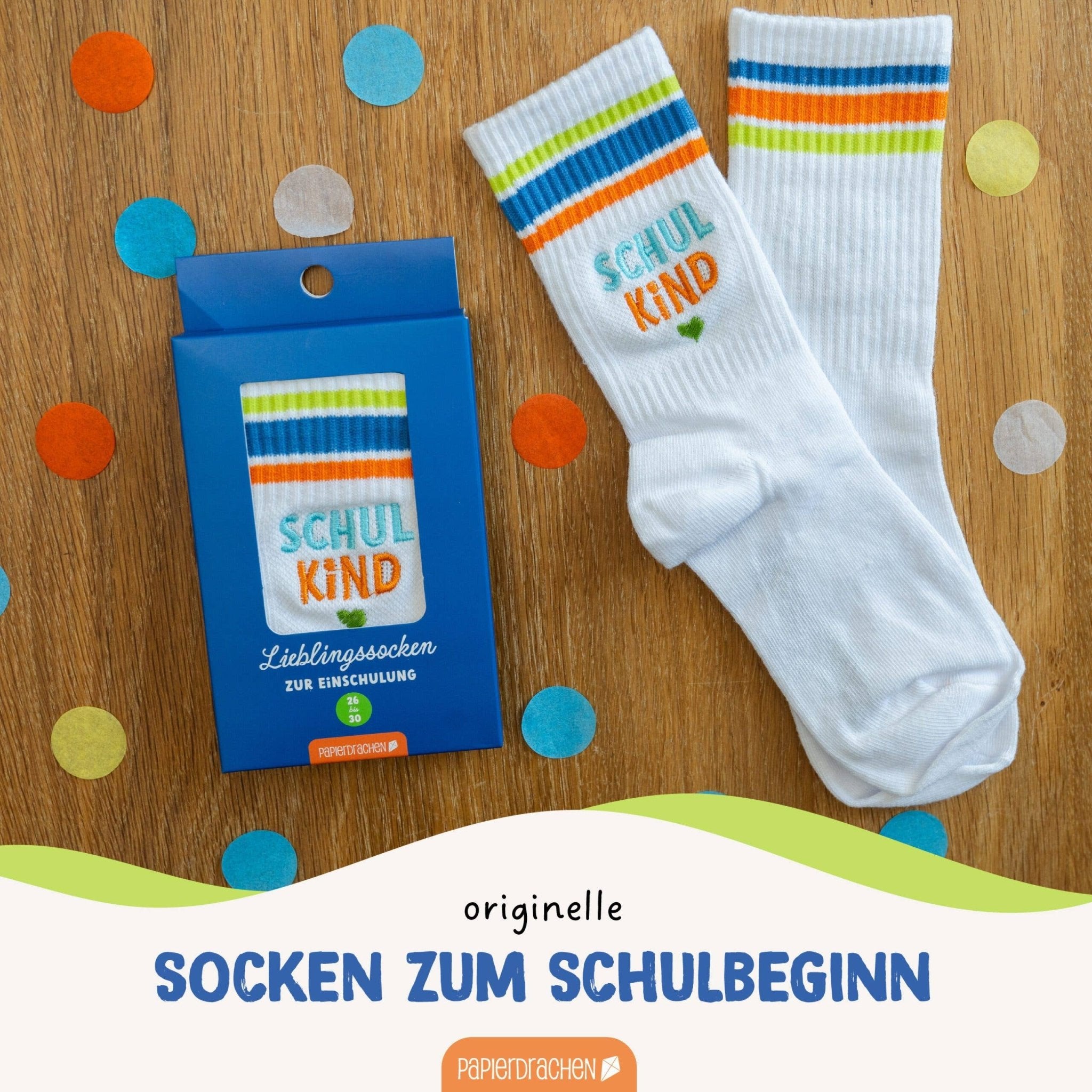 Schulanfang Socken - blau - Endlich bin ich ein Schulkind Papierdrachen - malmichmunt.com