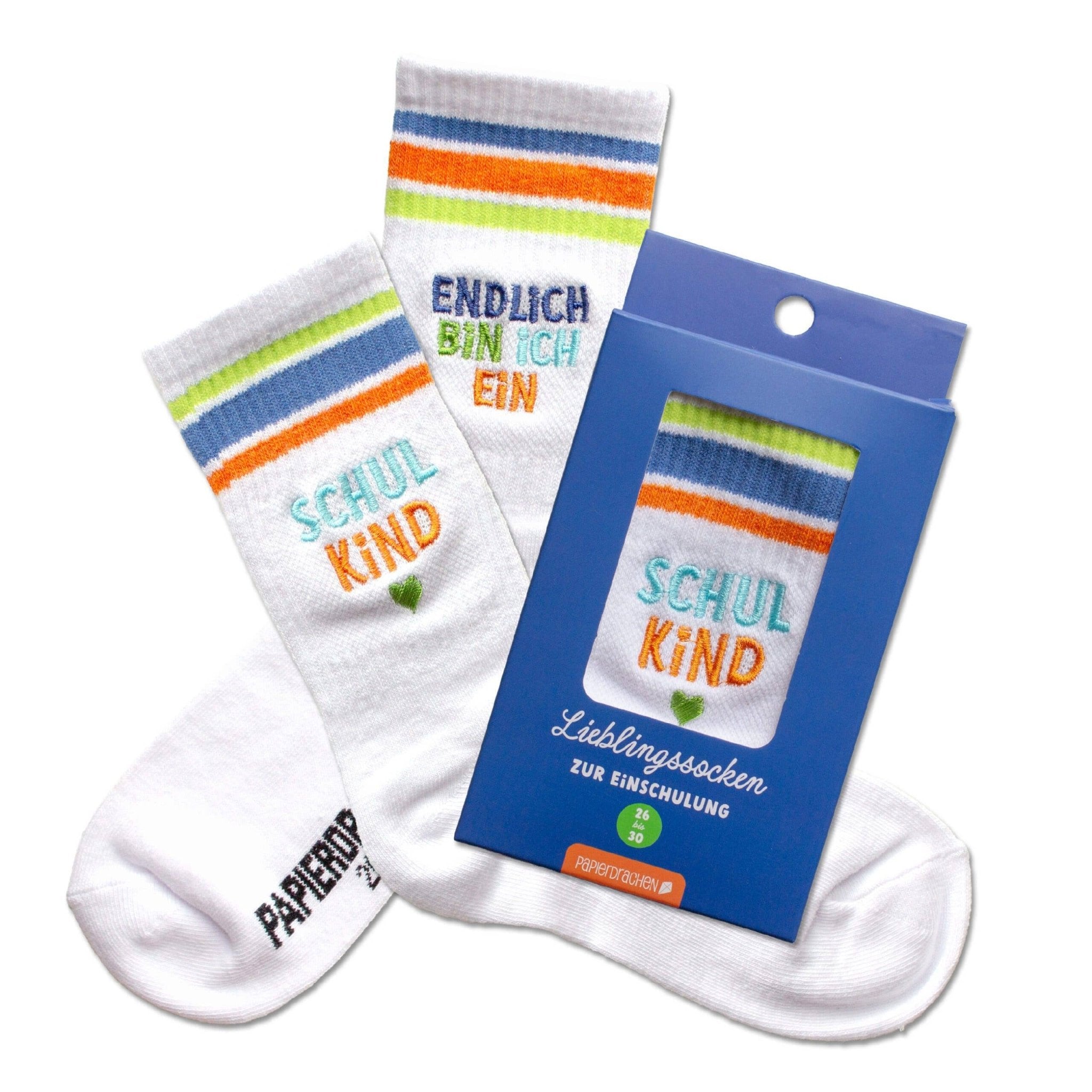 Schulanfang Socken - blau - Endlich bin ich ein Schulkind Papierdrachen - malmichmunt.com