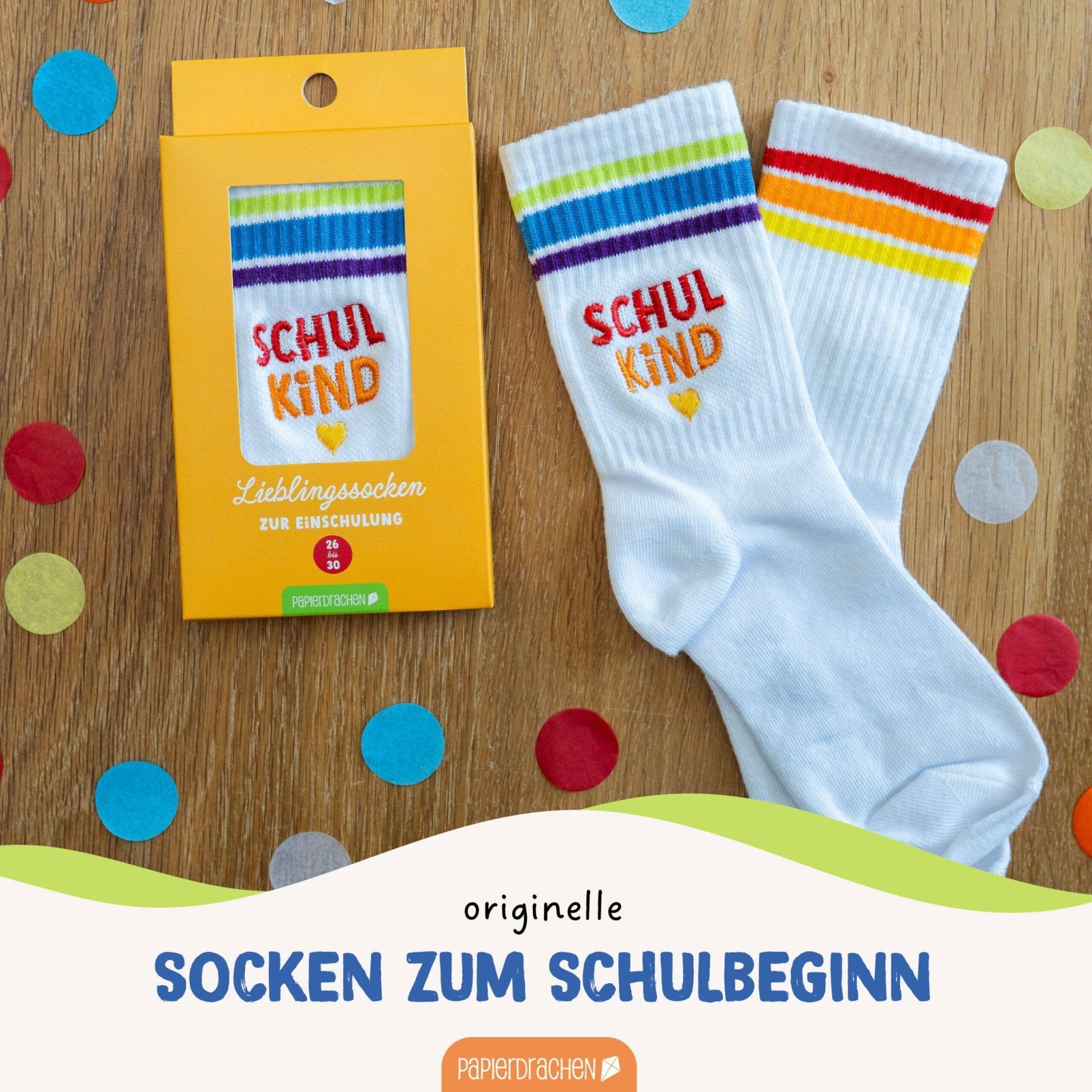 Socken Schulanfang - bunt - Endlich bin ich ein Schulkind Papierdrachen - malmichmunt.com