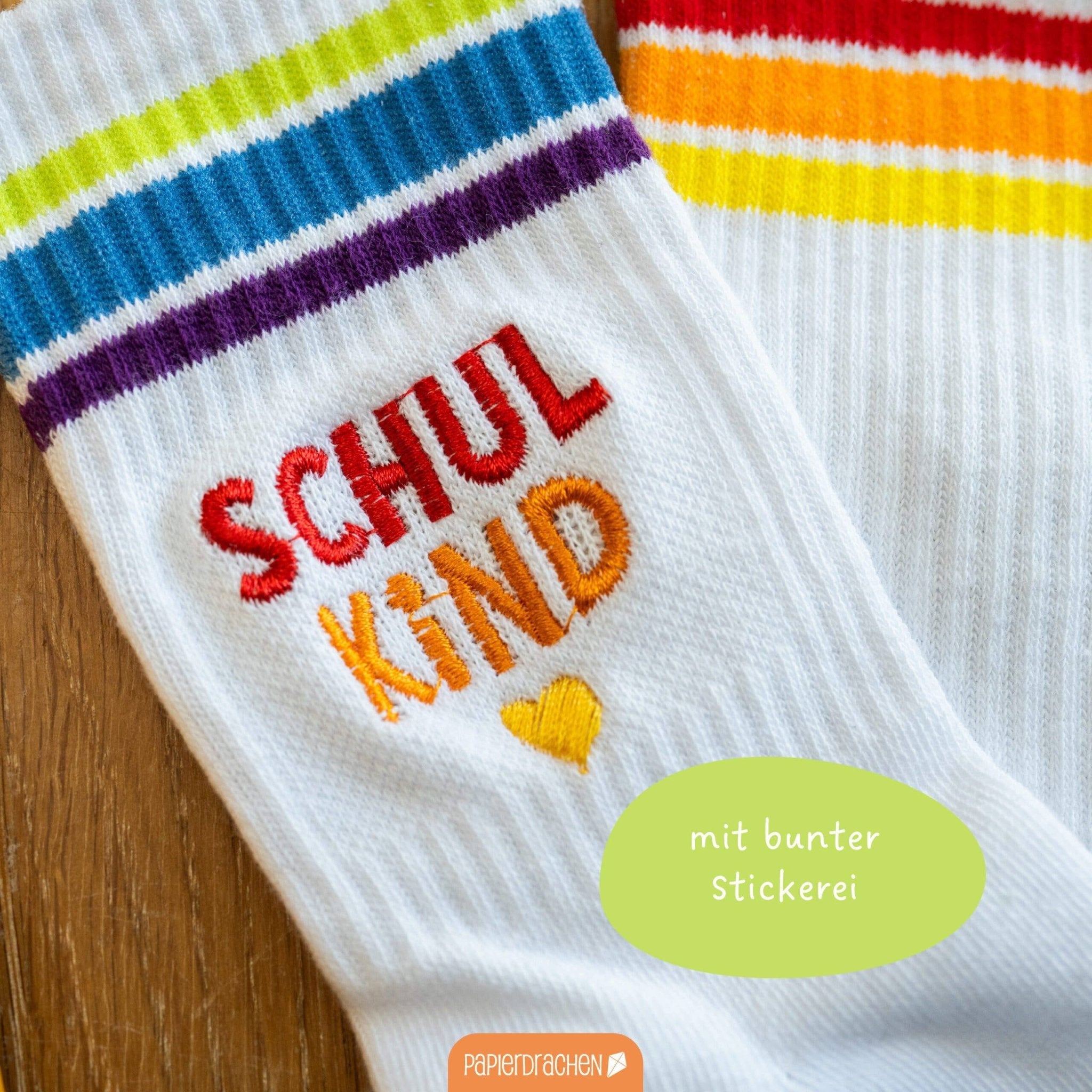Socken Schulanfang - bunt - Endlich bin ich ein Schulkind Papierdrachen - malmichmunt.com