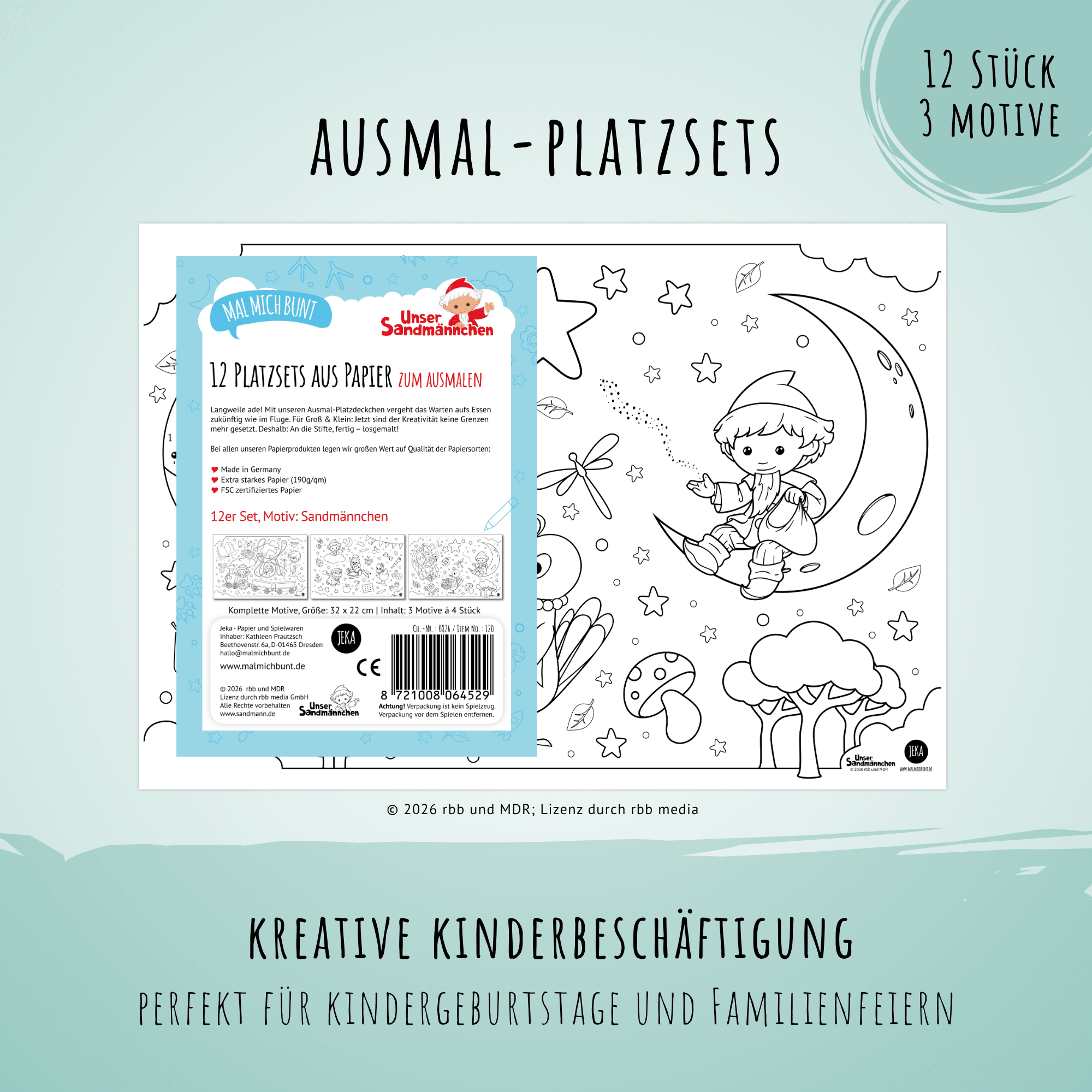 Unser Sandmännchen - 12 Platzsets aus Papier zum Ausmalen Jeka - malmichmunt.com