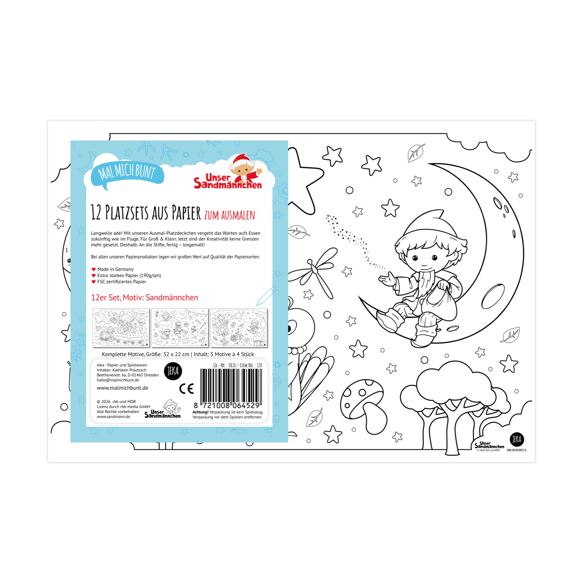 Unser Sandmännchen - 12 Platzsets aus Papier zum Ausmalen Jeka - malmichmunt.com