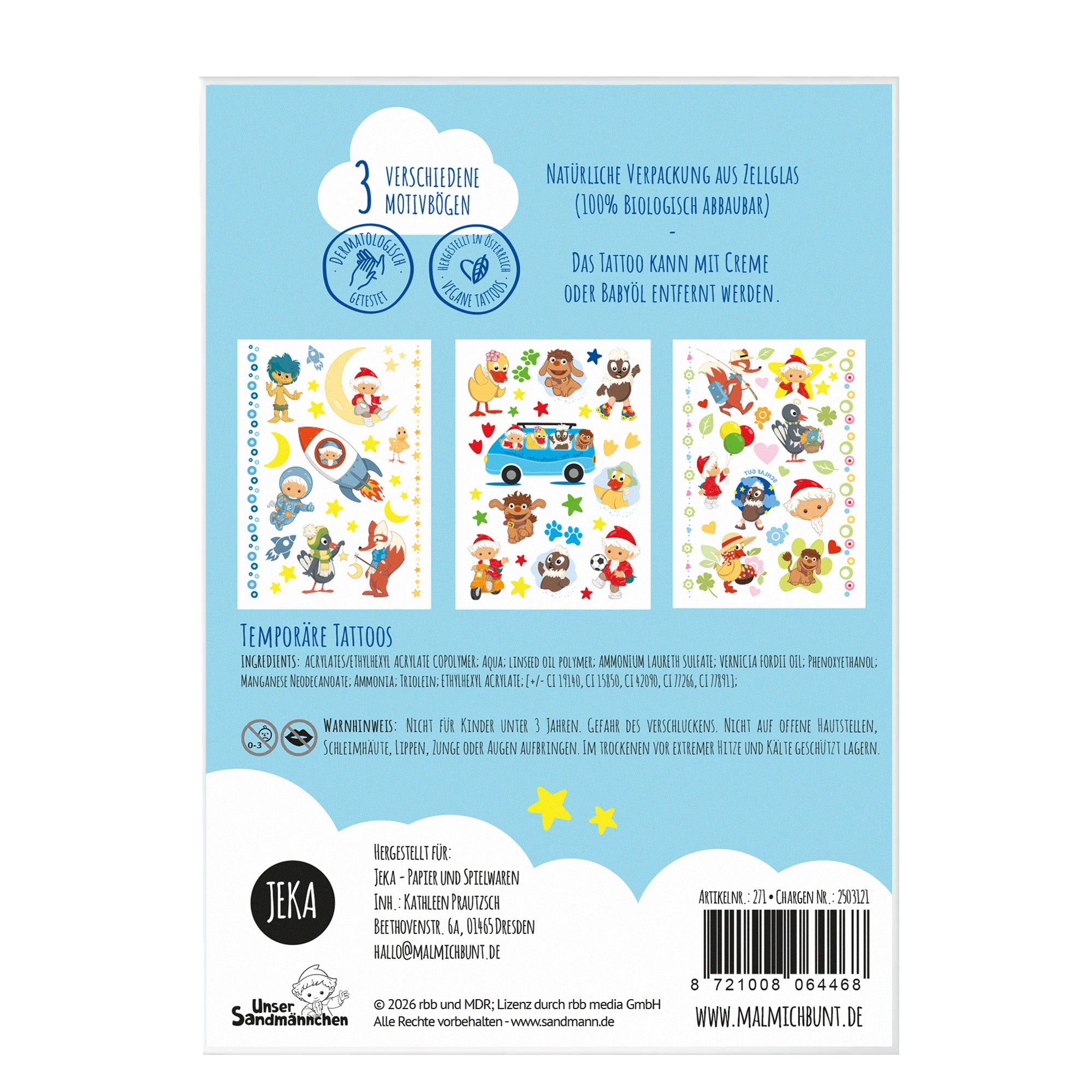 Unser Sandmännchen - Kindertattoos mit 3 Bögen Jeka - malmichmunt.com