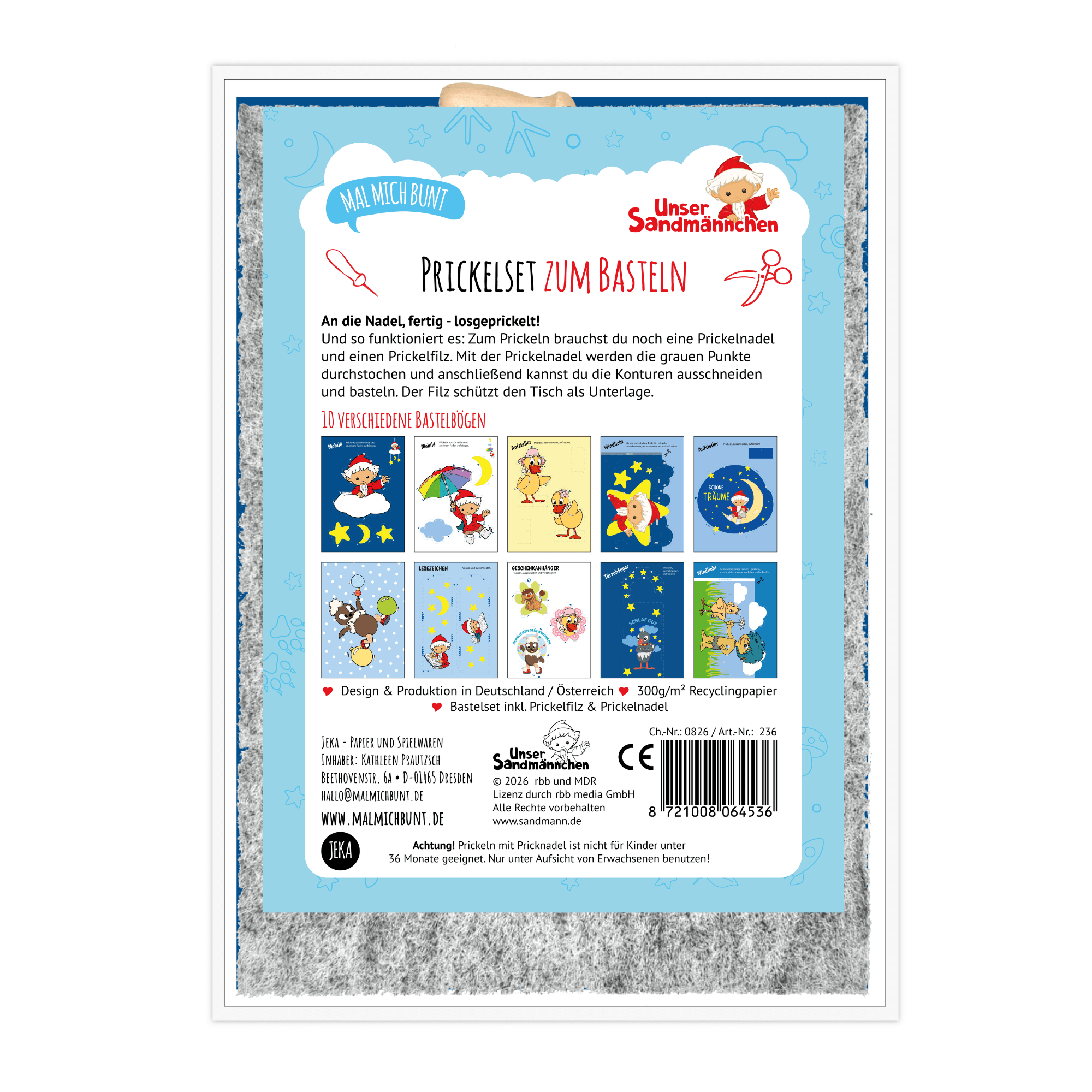Unser Sandmännchen - Prickelset inkl. 10 Vorlagen, Filz & Nadel Jeka - malmichmunt.com