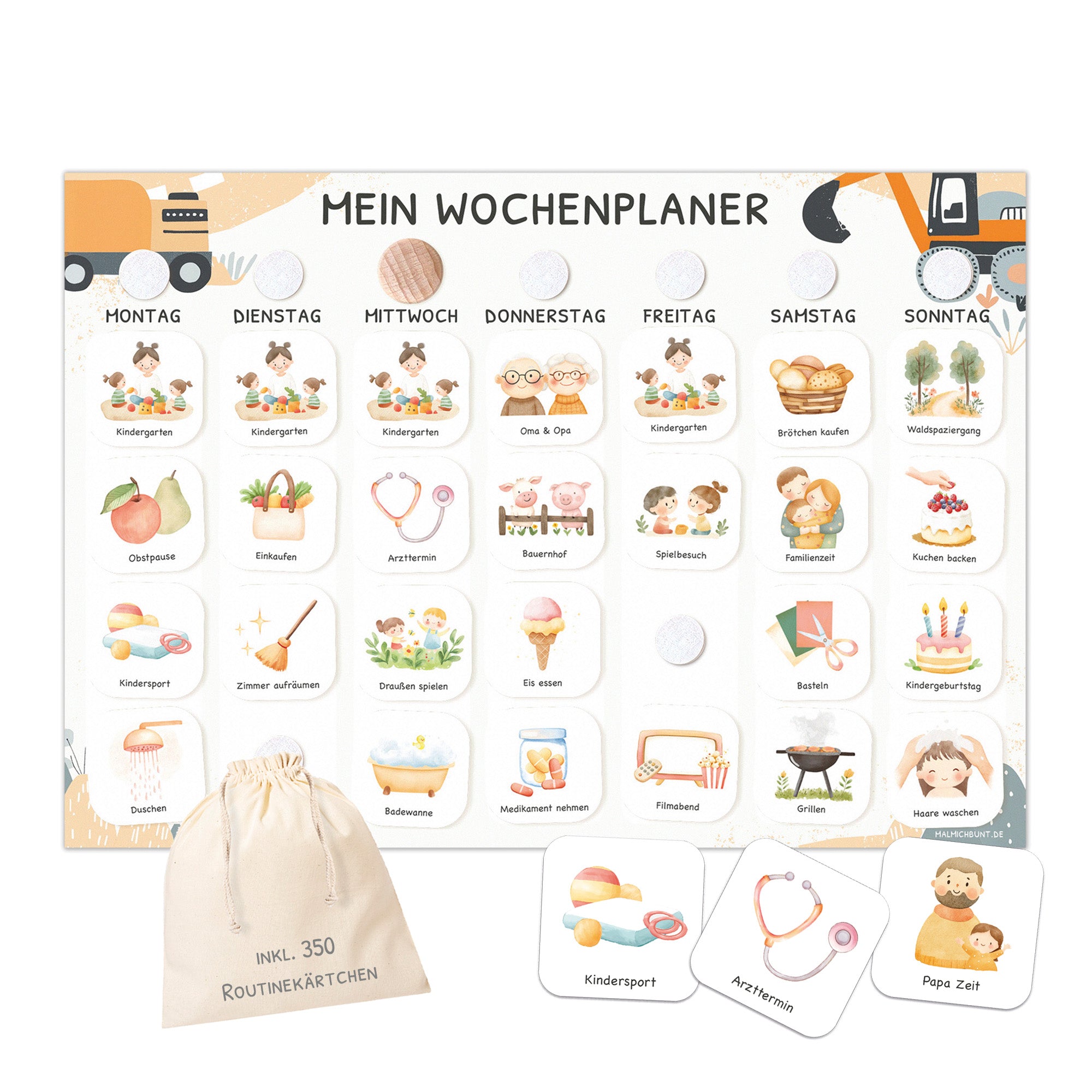 Wochenplaner Kinder inkl. 350 Routinekärtchen - Motiv Bagger Jeka - malmichmunt.com